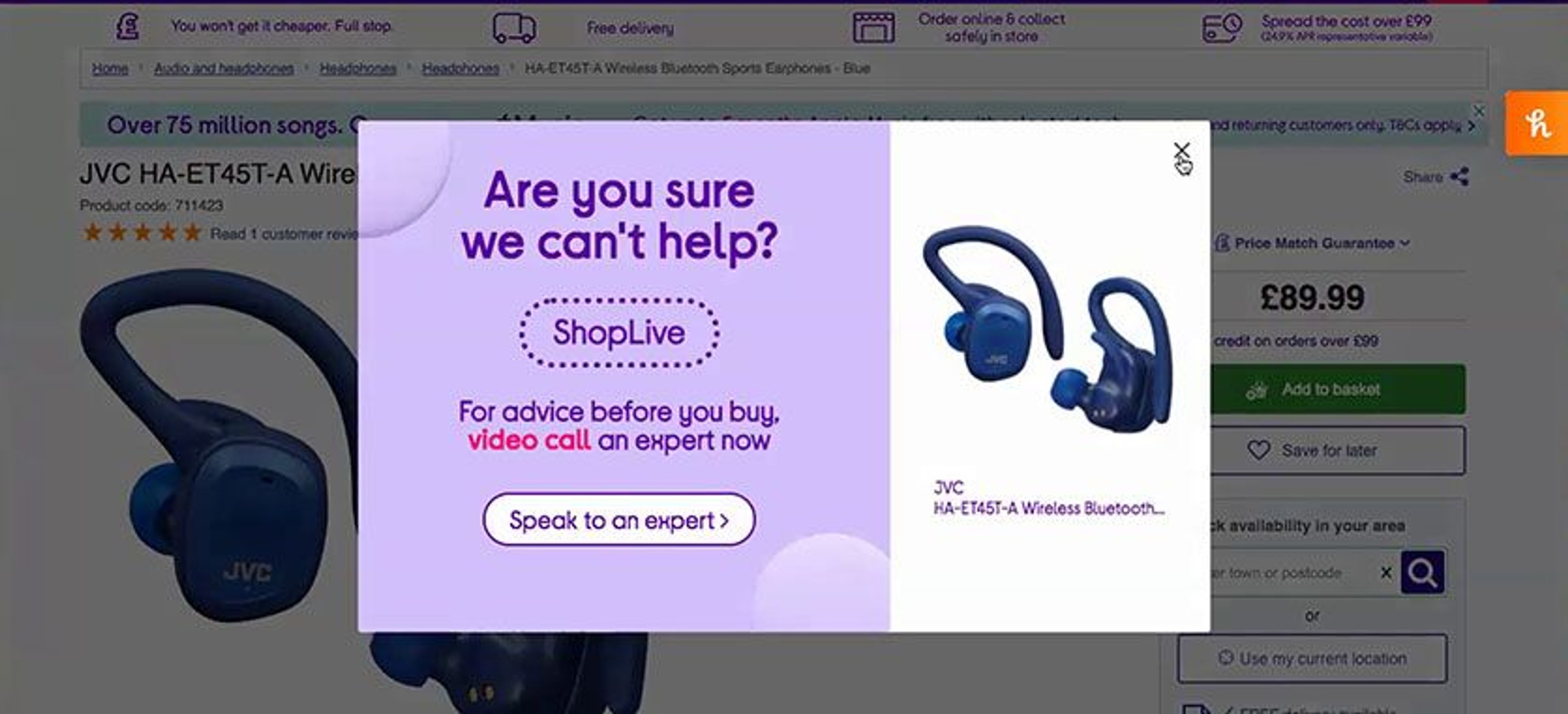 Curry's UK product page for wireless earphones, partially blocked by an intrusive live chat pop-up