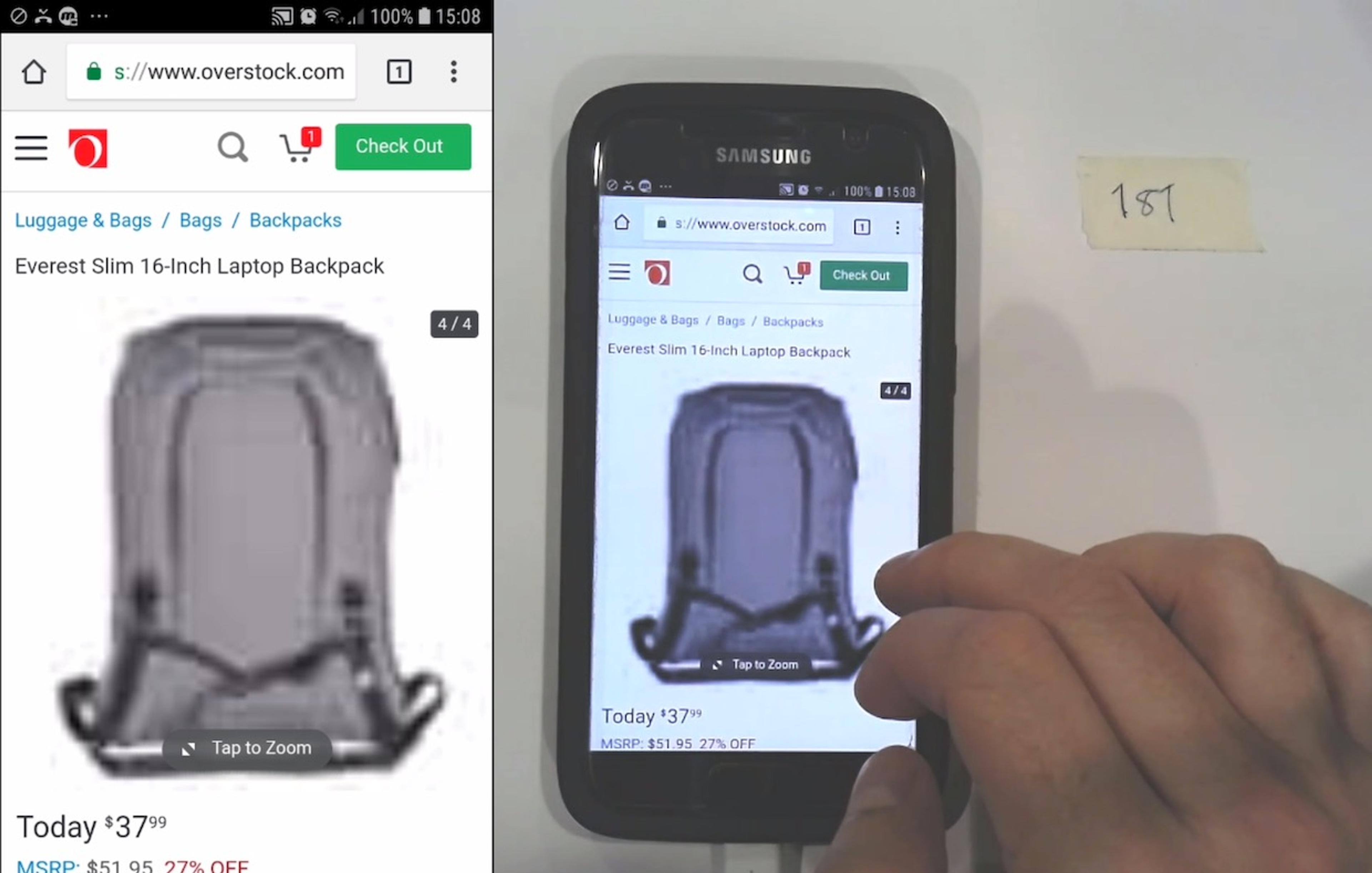 A user browsing a product detail page for a laptop backpack on a Samsung smartphone, with a blurry product image