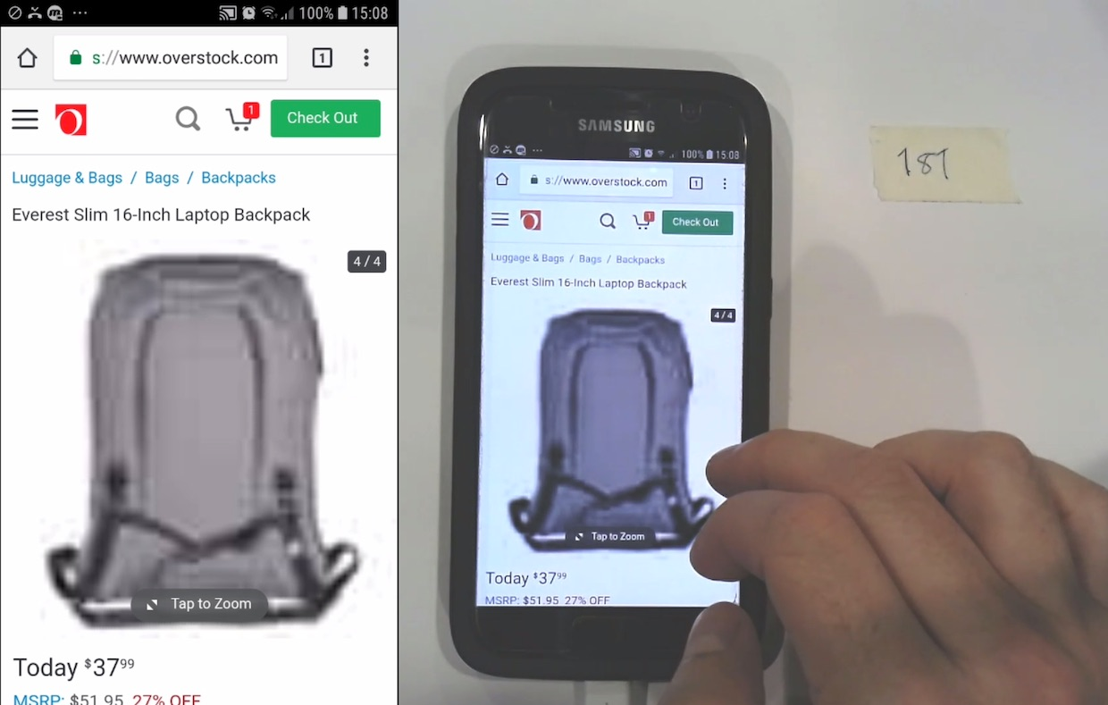 A user browsing a product detail page for a laptop backpack on a Samsung smartphone, with a blurry product image