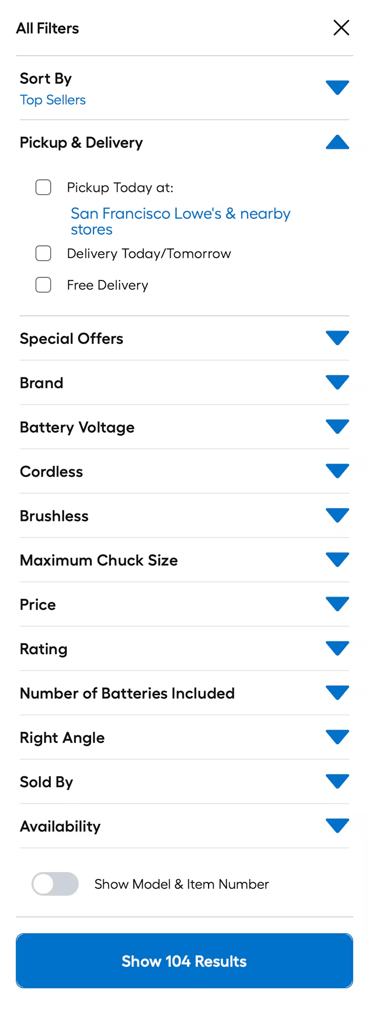 Filters on the Lowes' mobile site