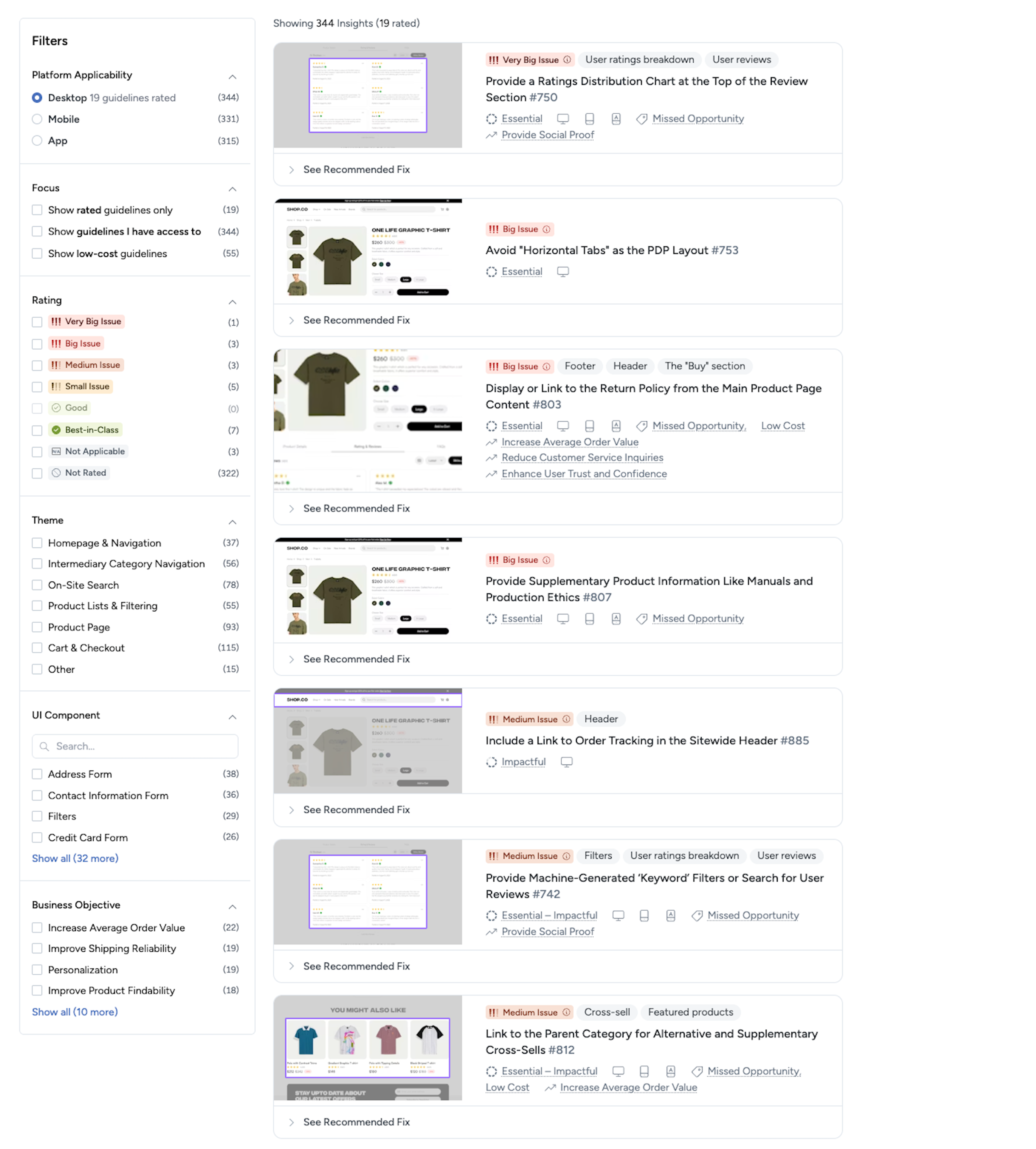 Baymard UX-Ray UI showing UX recommendations for an apparel website