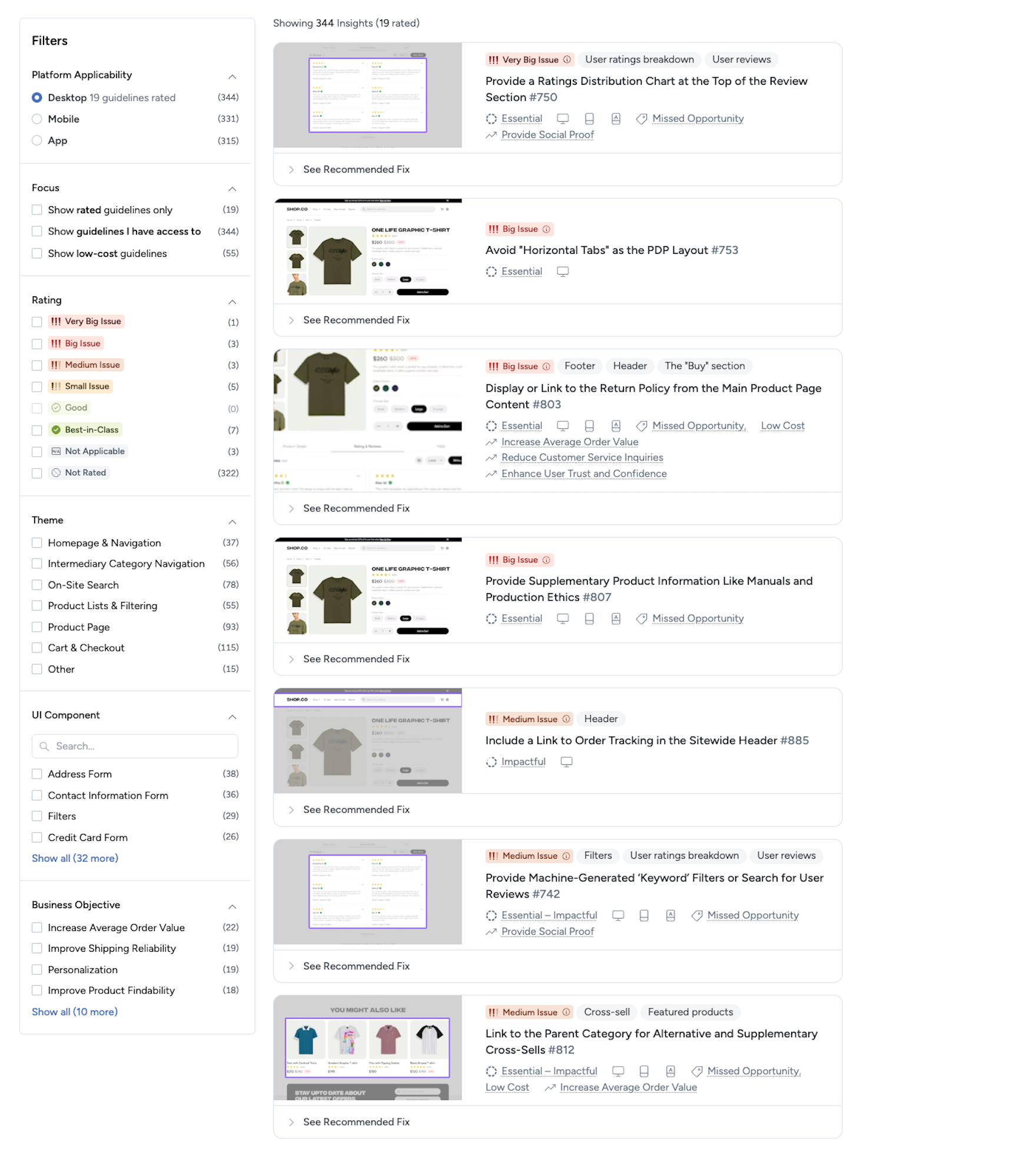 Baymard UX-Ray UI showing UX recommendations for an apparel website