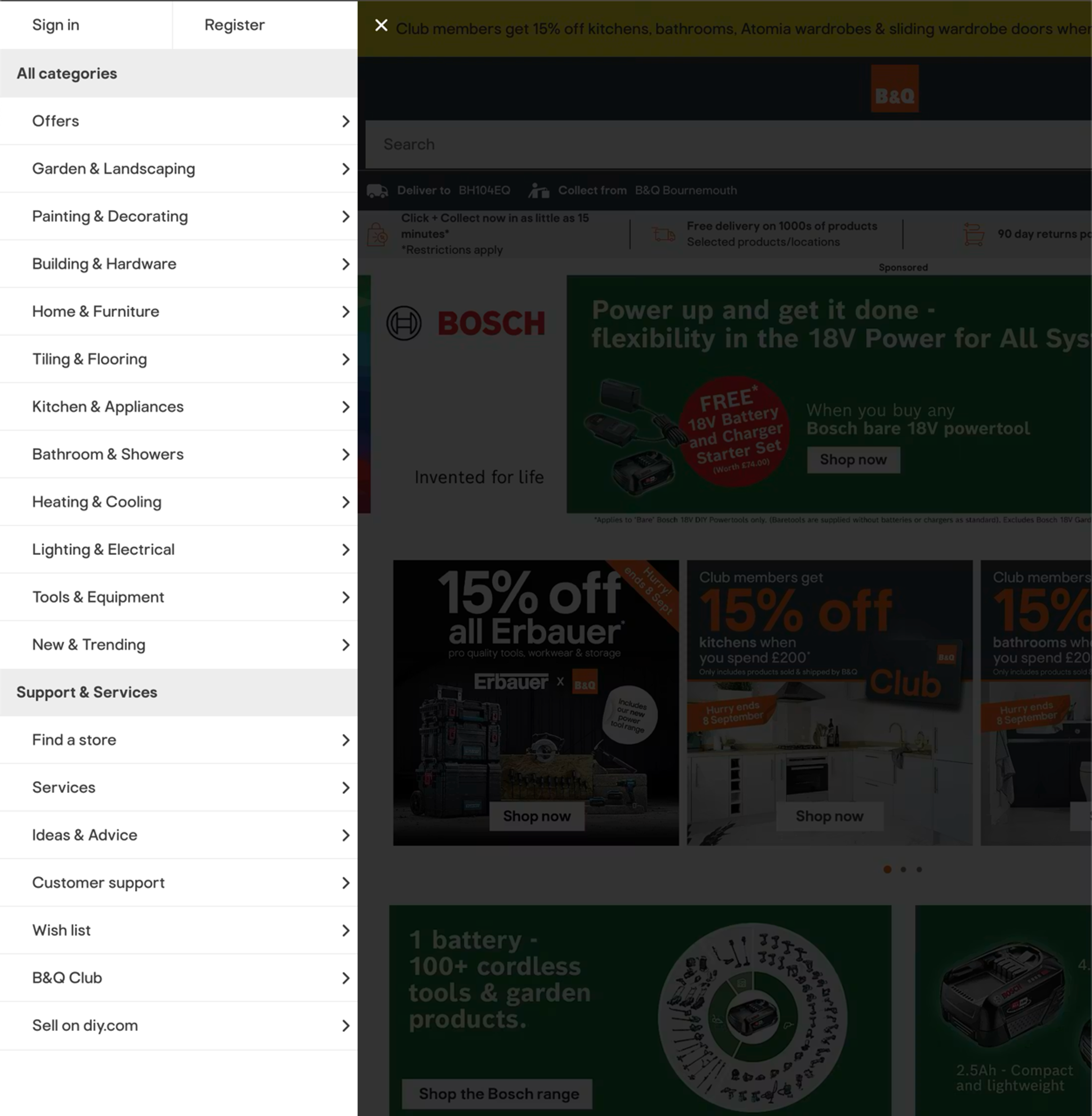 Screenshot of the B&Q homepage and navigation menu