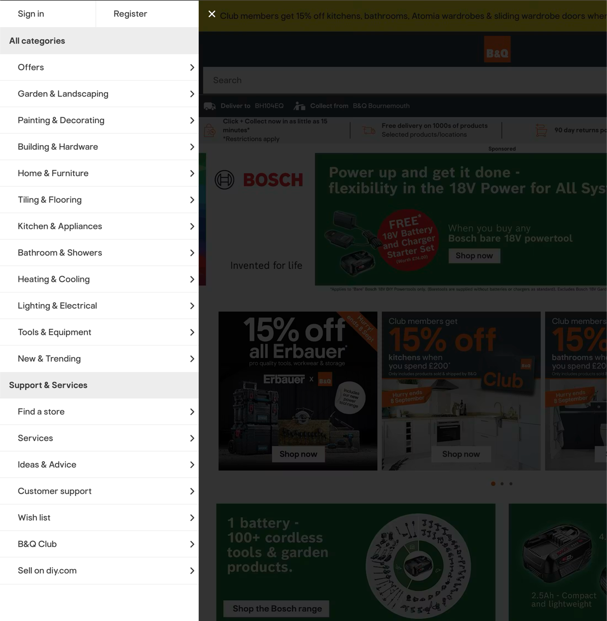 Screenshot of the B&Q homepage and navigation menu