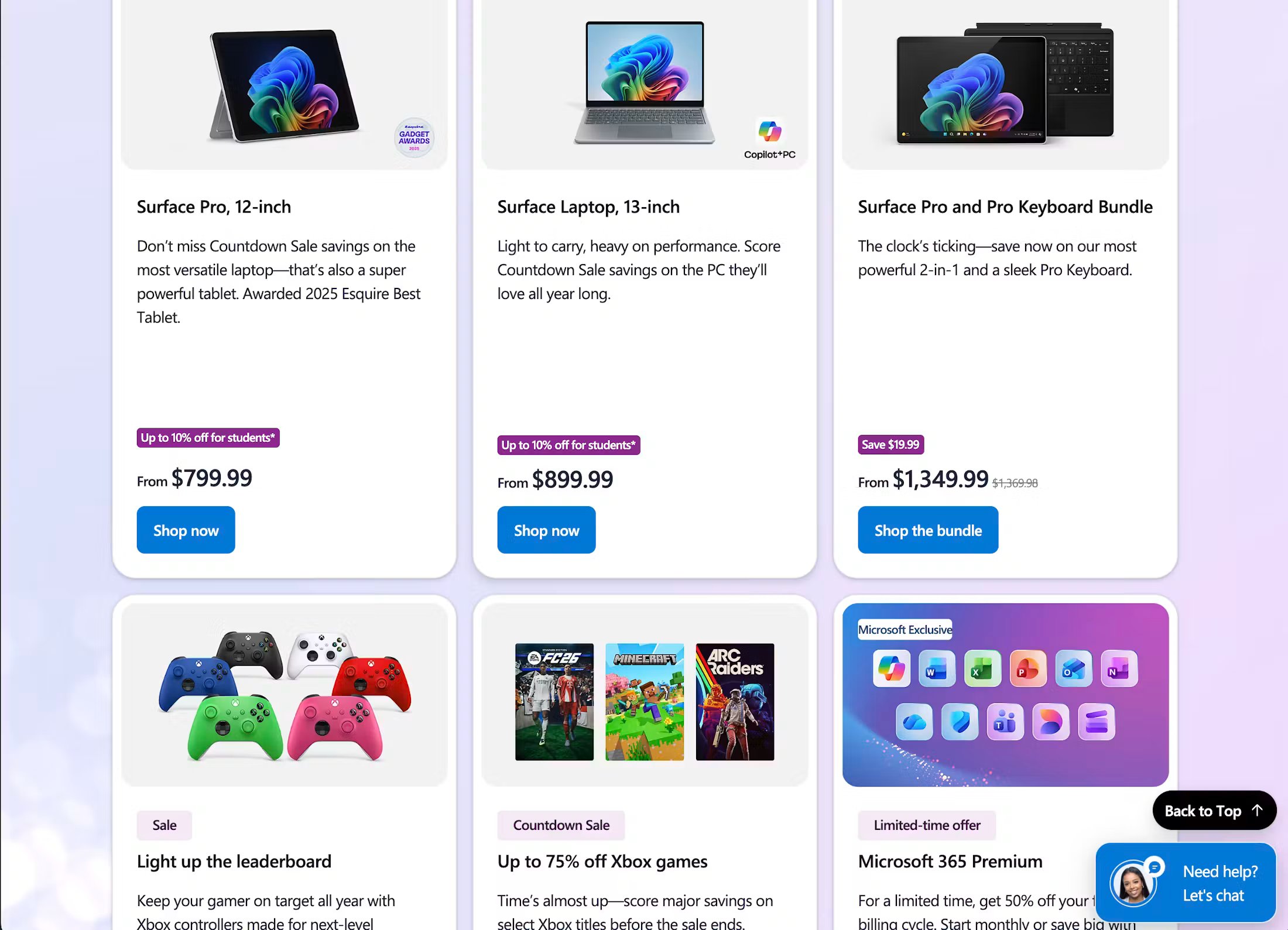 Microsoft PLP showing laptops, gaming controllers, and Xbox games, with badges highlighting relevant offers