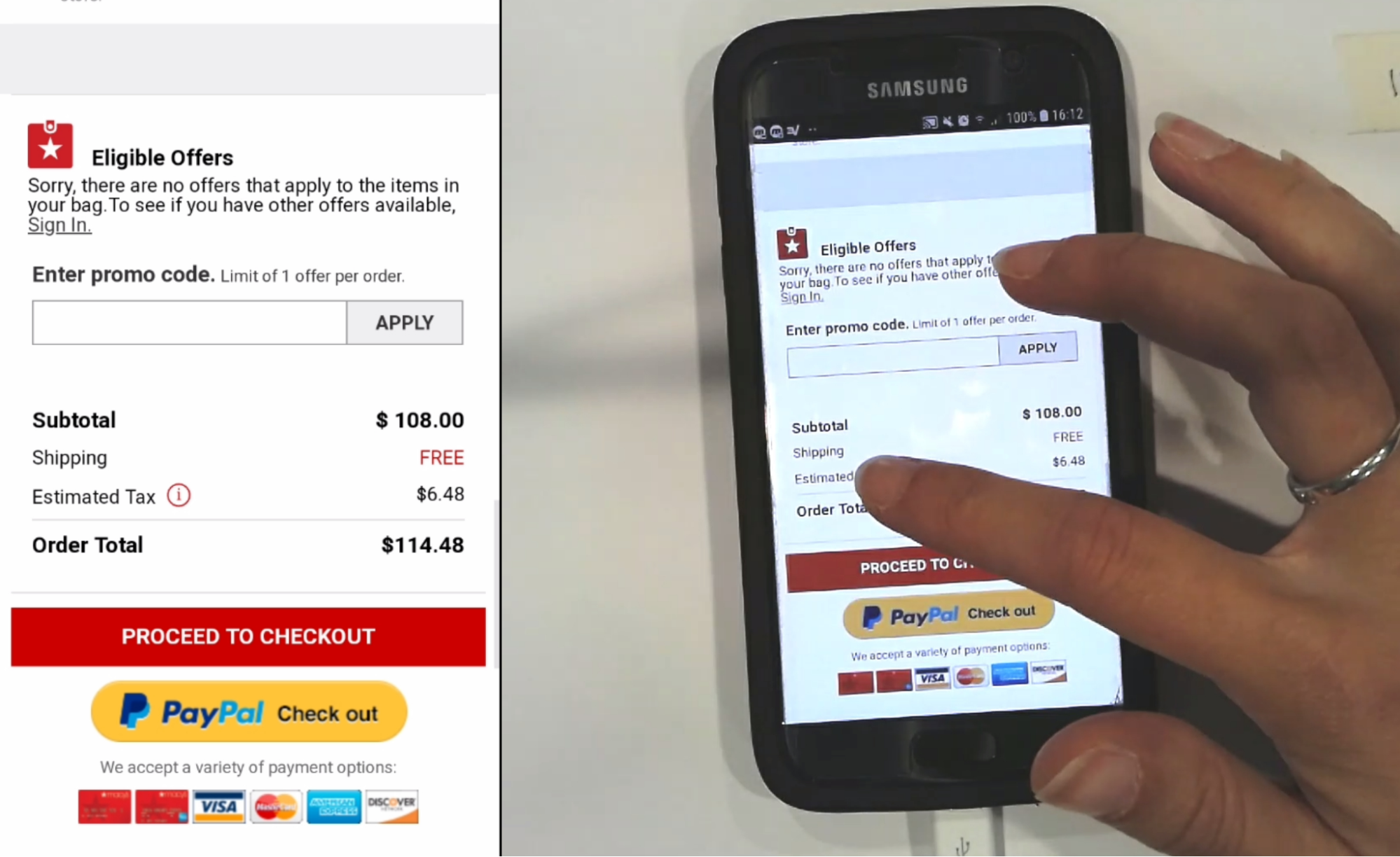A user pressing a link to a tooltip about estimated tax on the Macy's website, on a Samsung smartphone