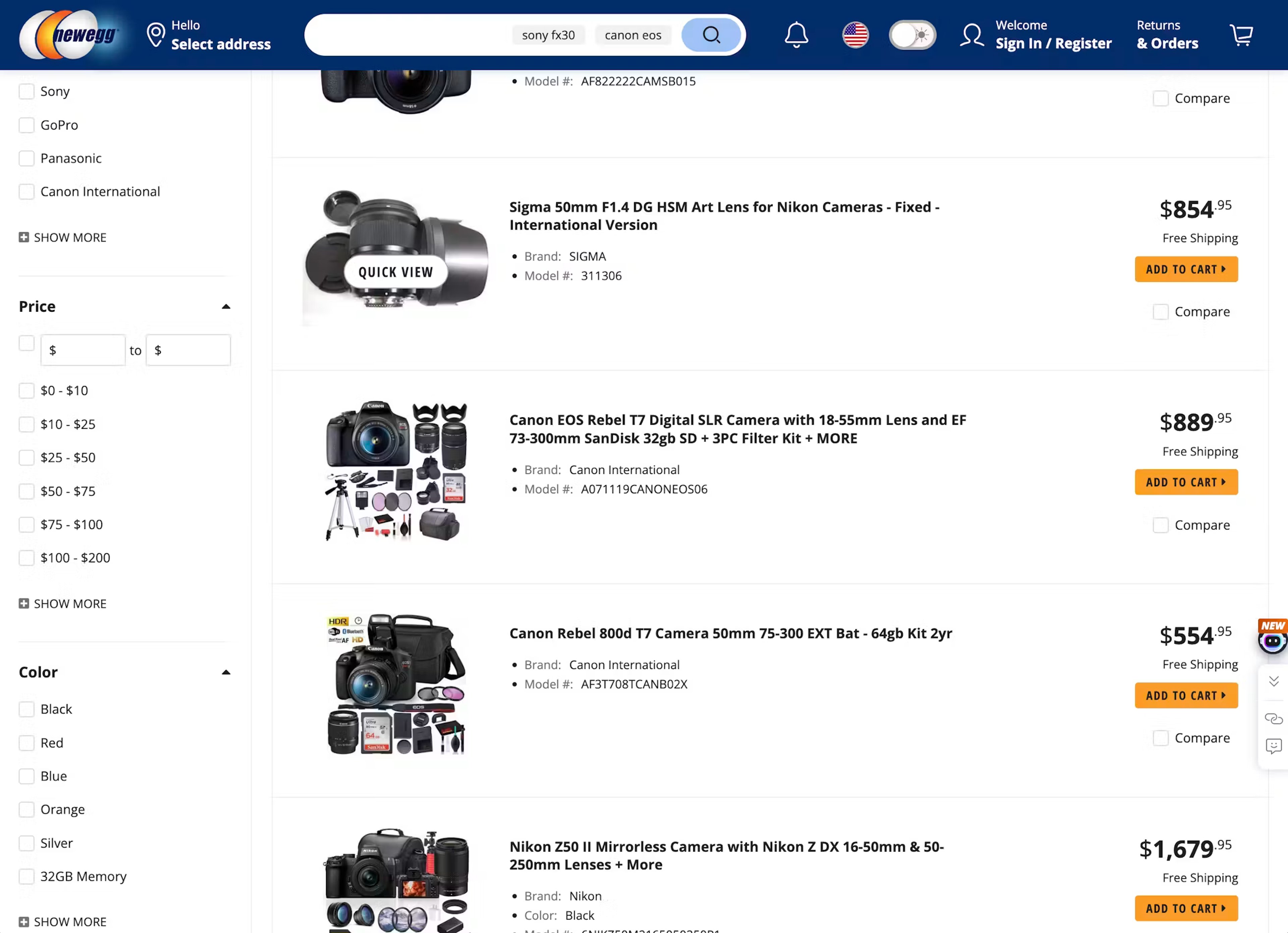 Newegg product listing page showing cameras