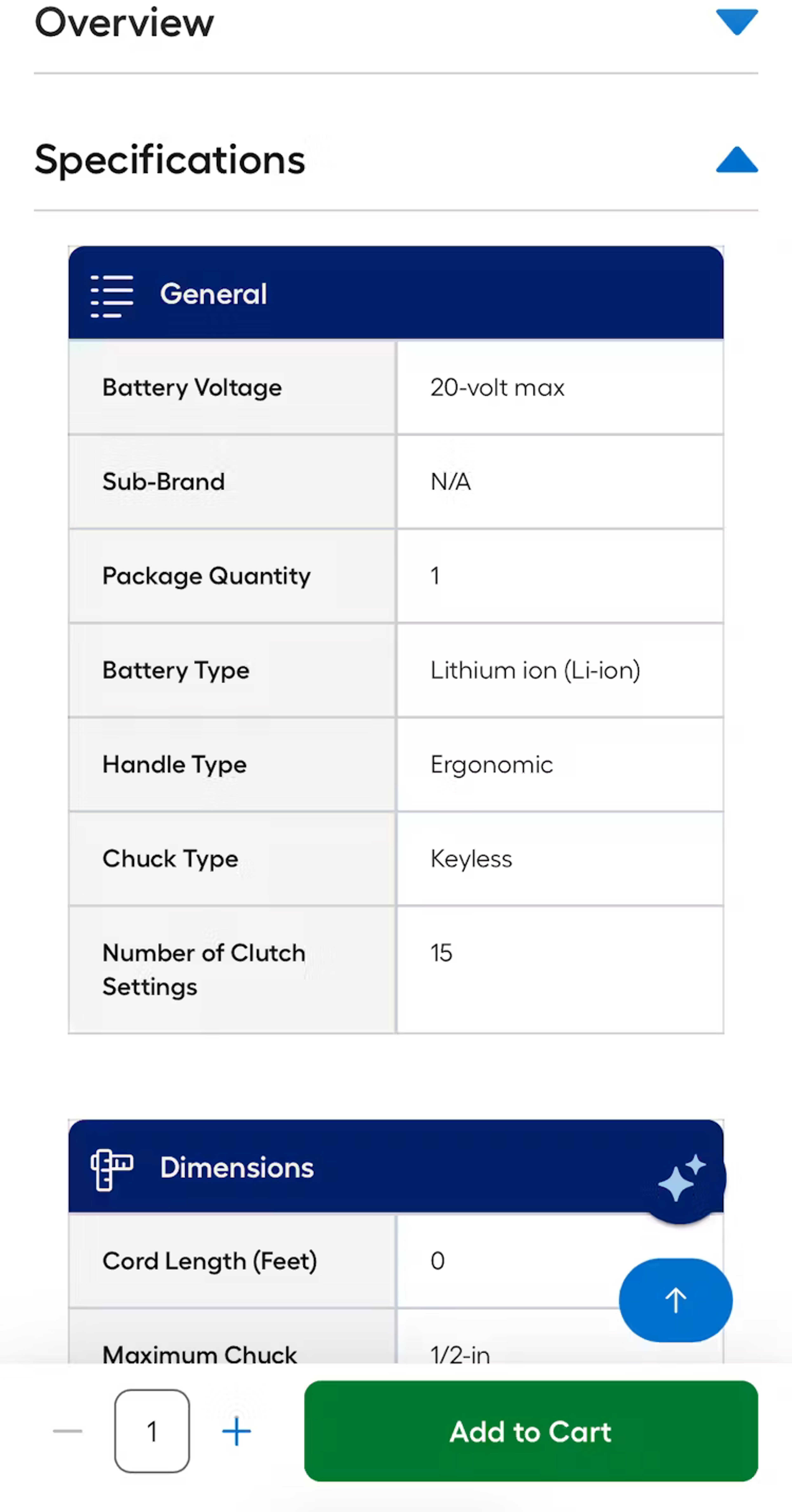 Product spec sheet on the Lowe's mobile website, showing clearly defined sections and collapsible sections to help reduce the need for excessive scrolling.