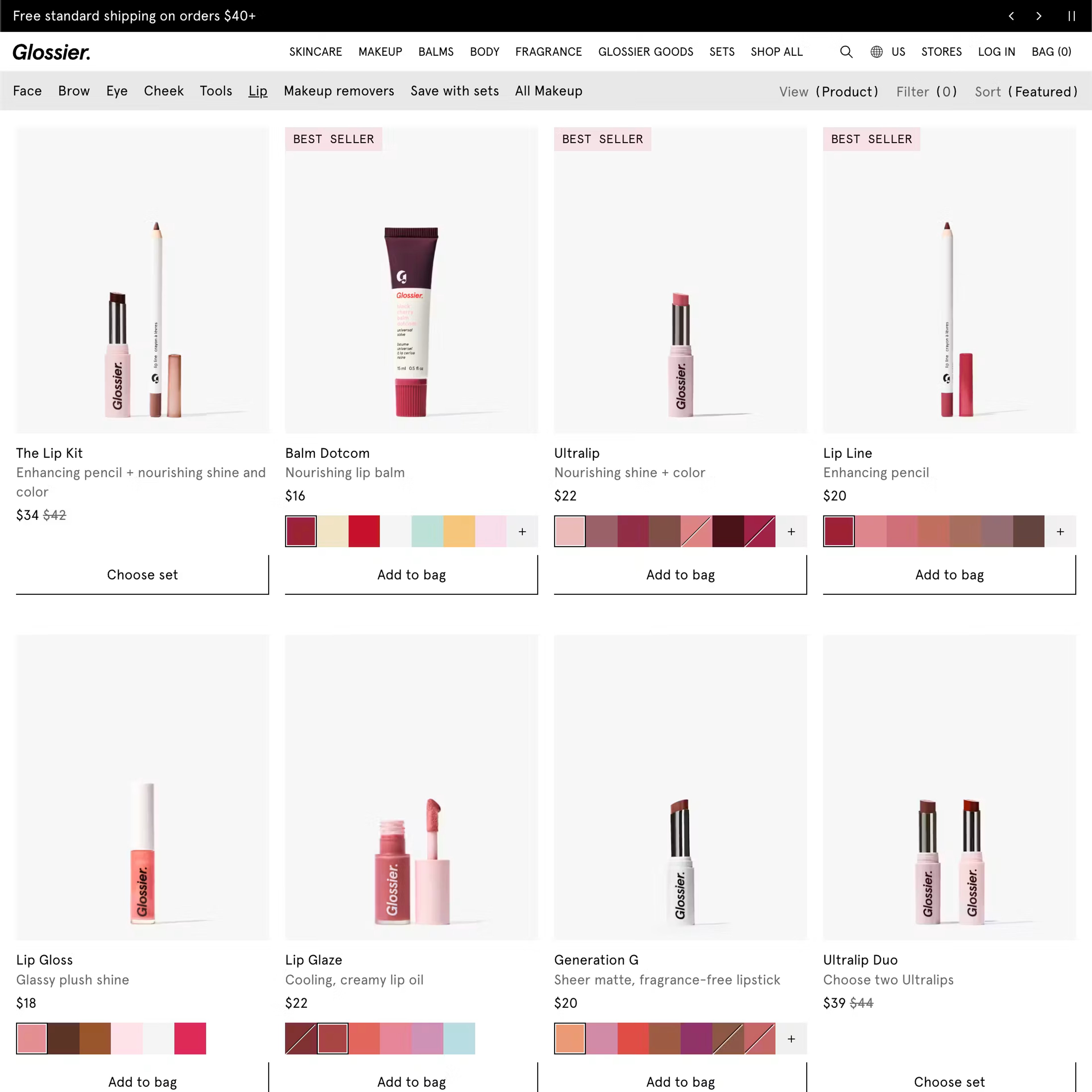 Glossier PLP showing makeup products, with three items featuring a "best seller" badge UI component