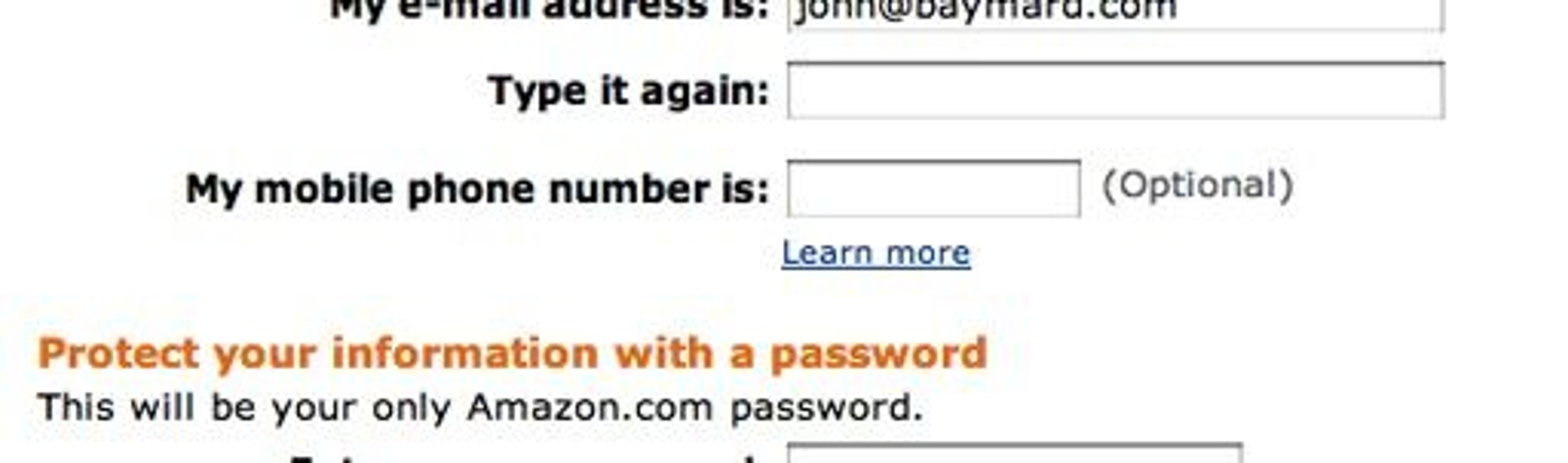 Amazon form for mobile number, along with a "learn more" link where users can understand why the number is required