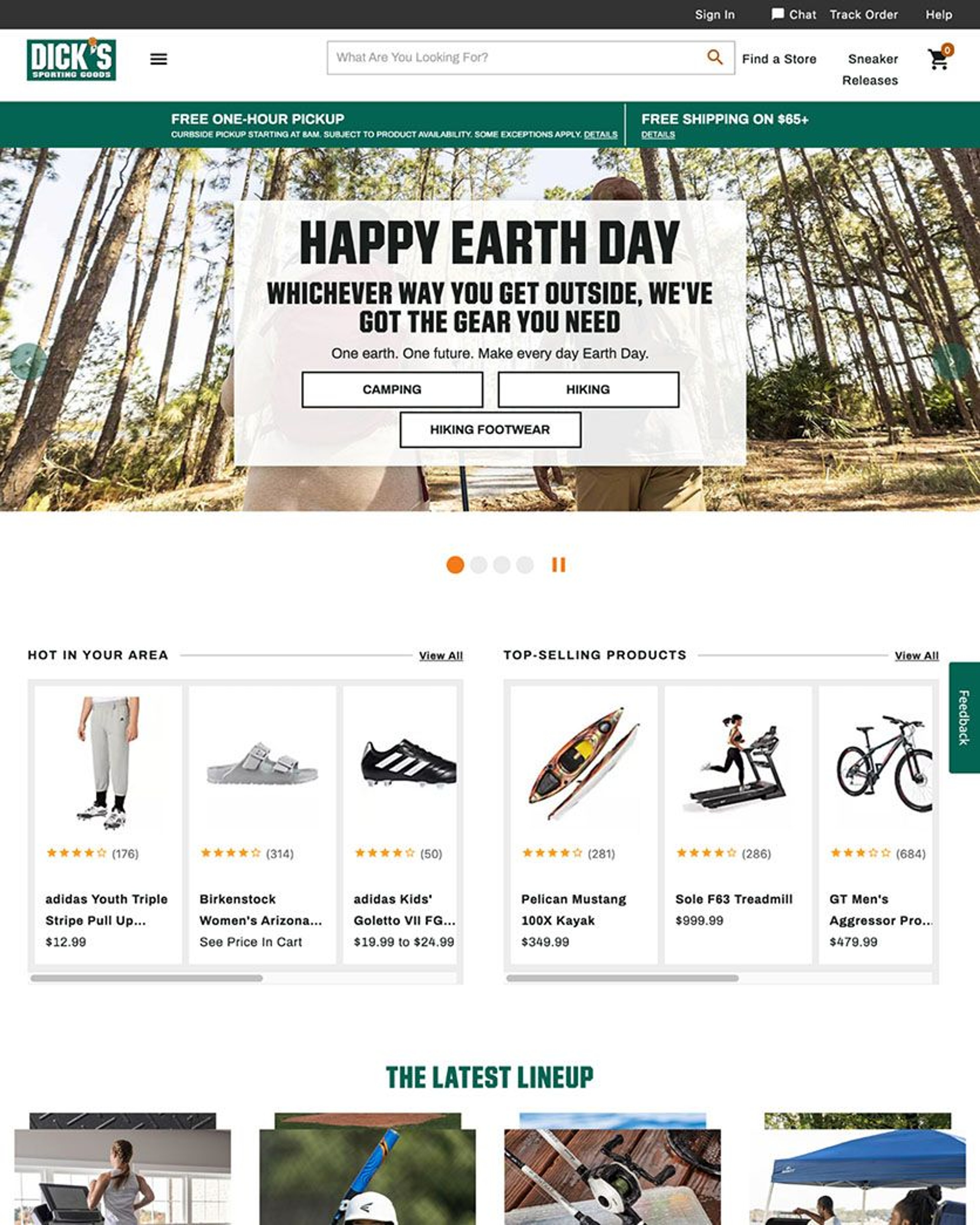 Dick's Sporting Goods homepage with Happy Earth Day image in a carousel, links to key product categories, and visible search field