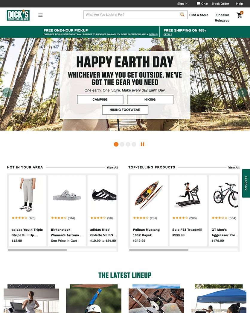 Dick's Sporting Goods homepage with Happy Earth Day image in a carousel, links to key product categories, and visible search field