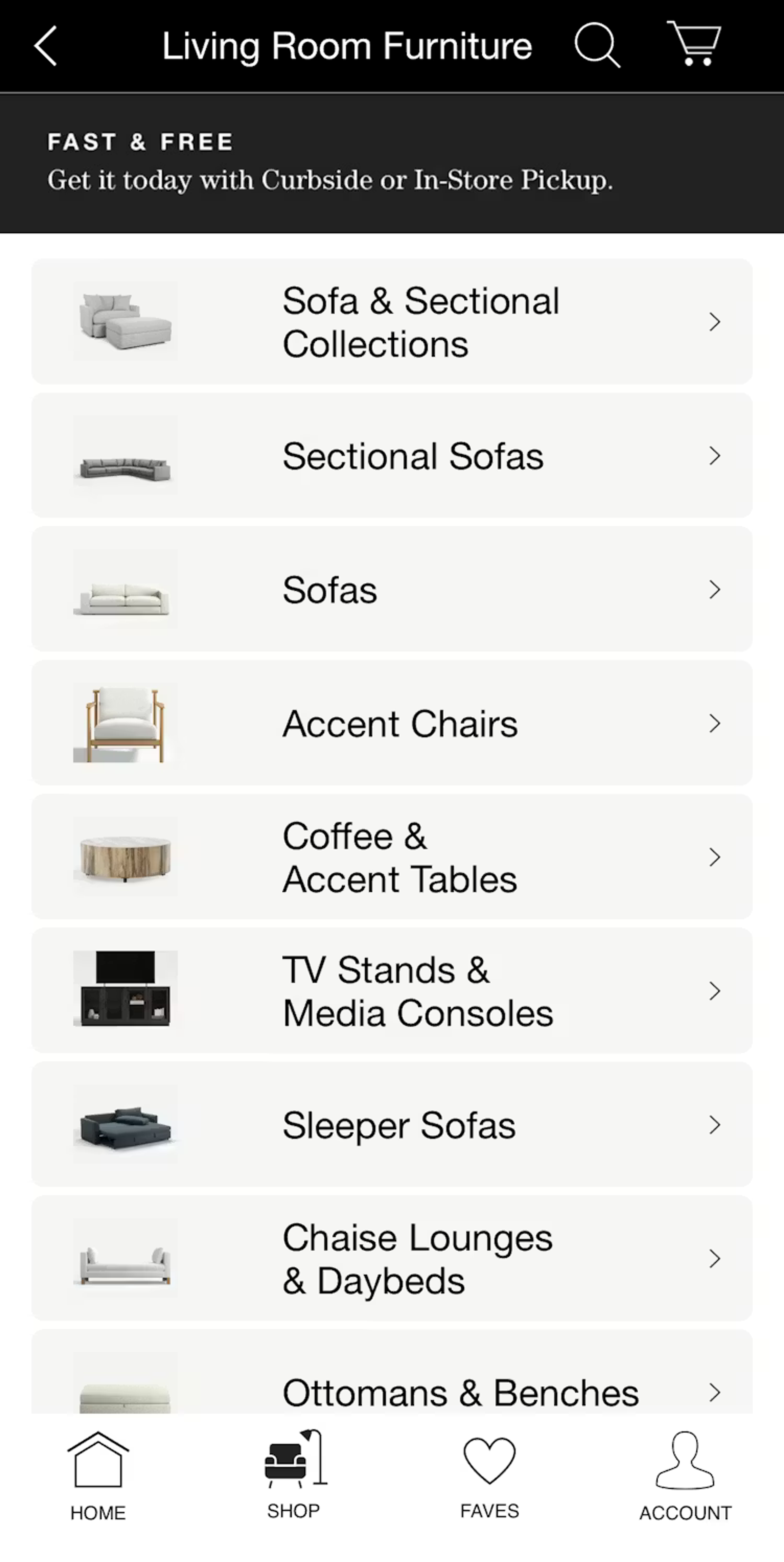 Links to subcategories on the Crate & Barrel mobile app