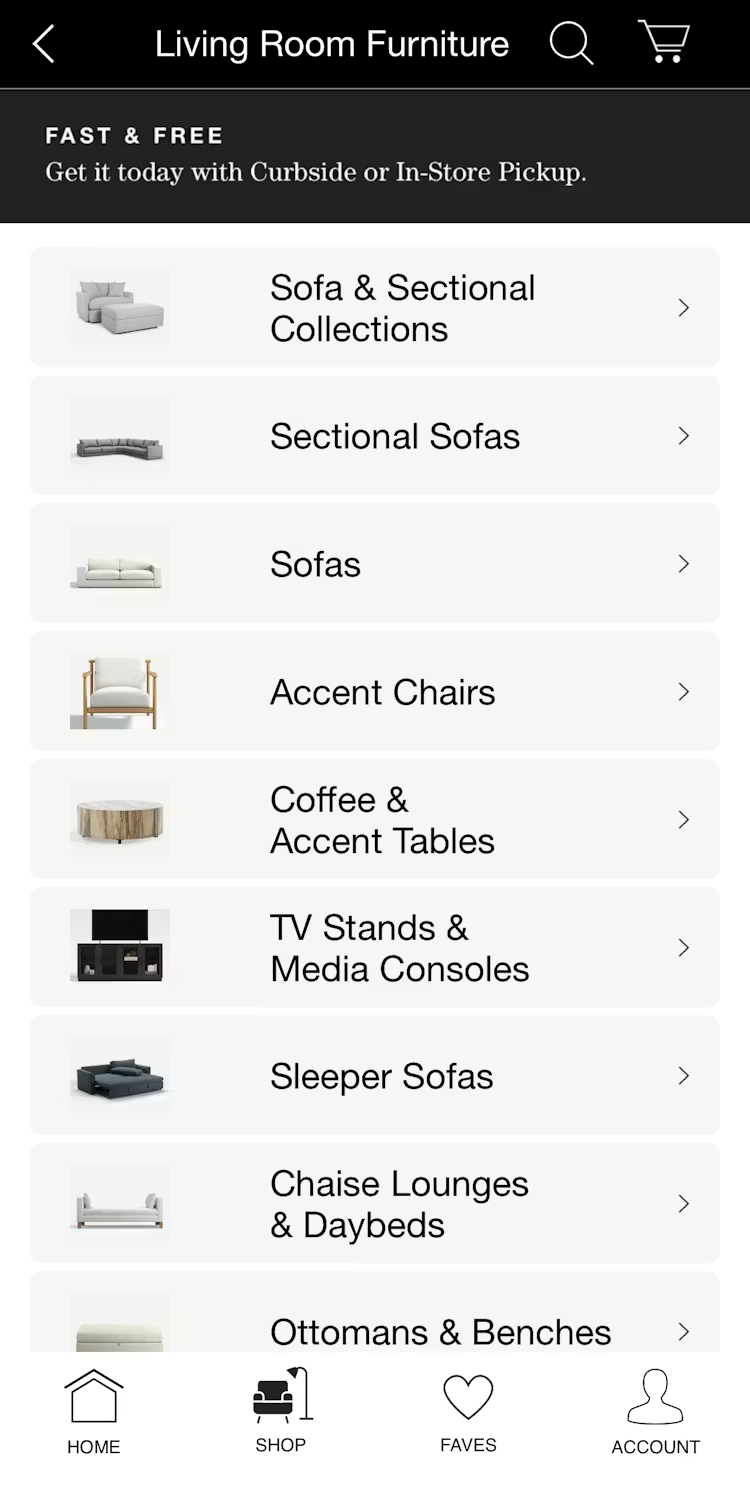 Links to subcategories on the Crate & Barrel mobile app