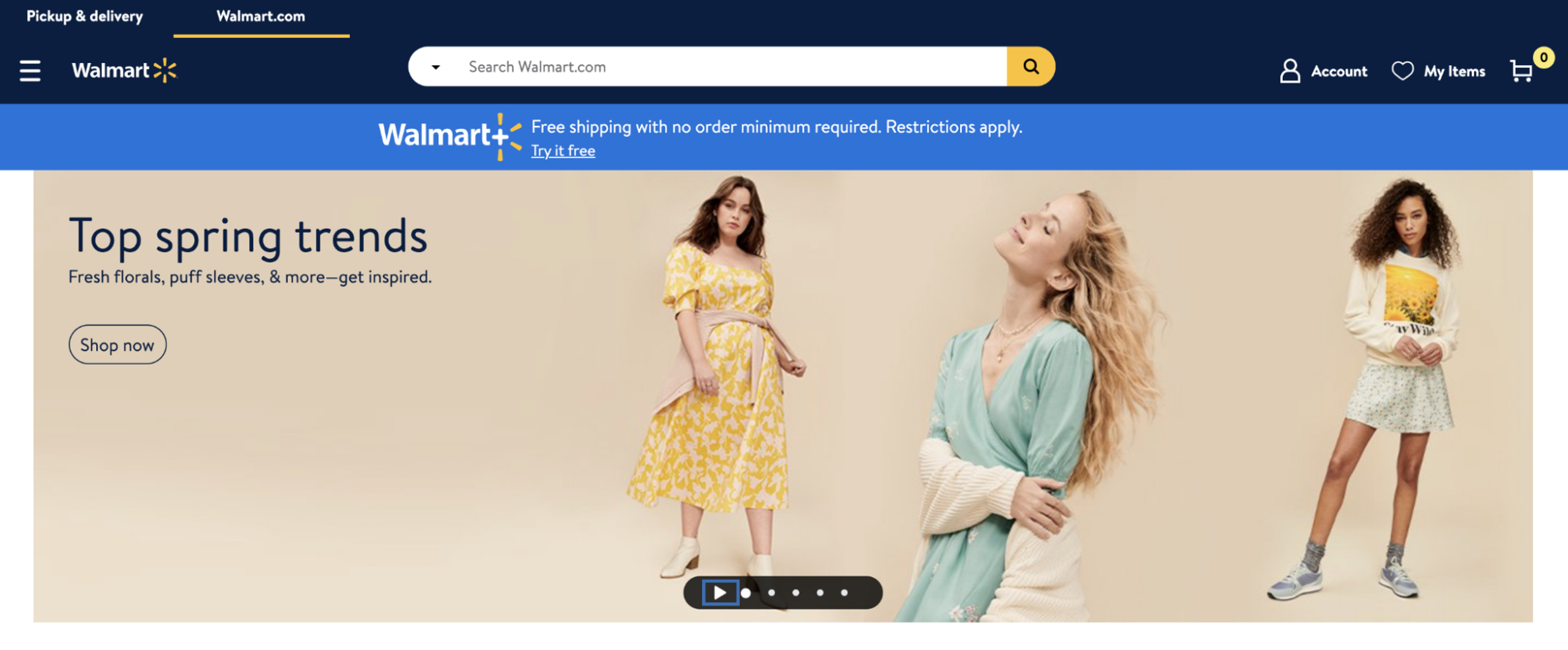 Walmart homepage showing carousel with lifestyle image of women and a link to spring trends