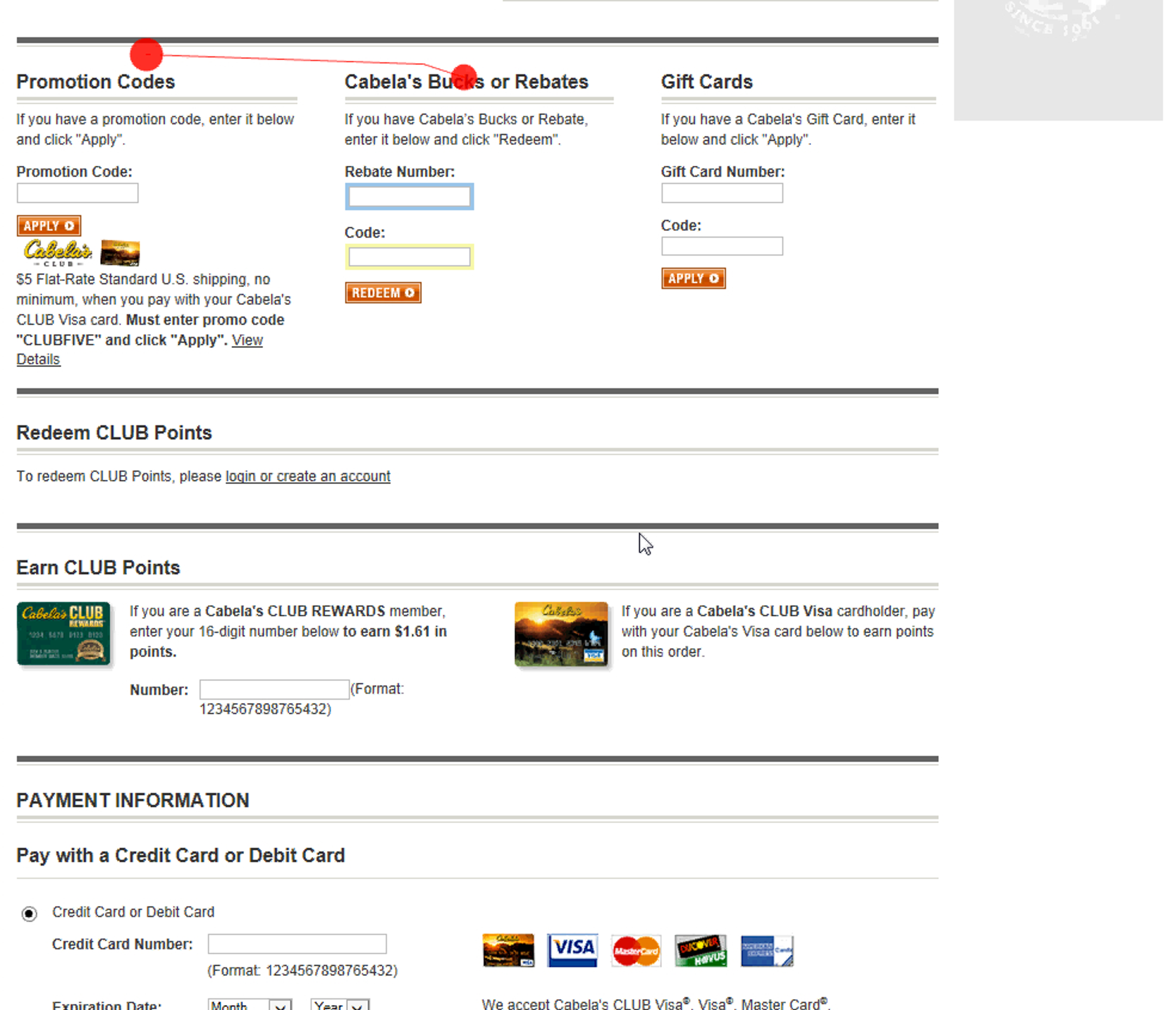 Payment form on the Cabela website, with prominent promotional fields which cause user confusion