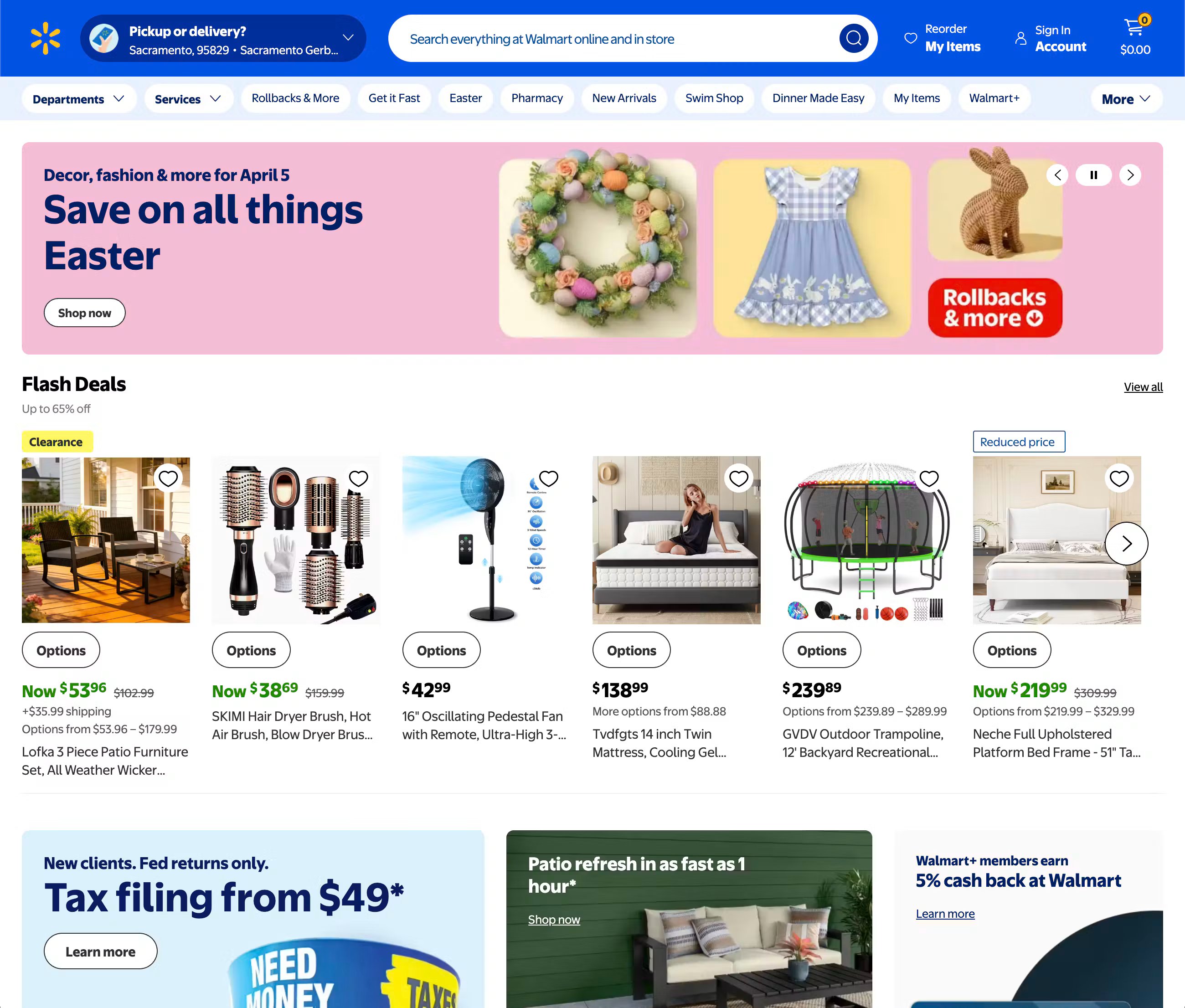 Walmart homepage showing promos, categories, and persistent search bar.