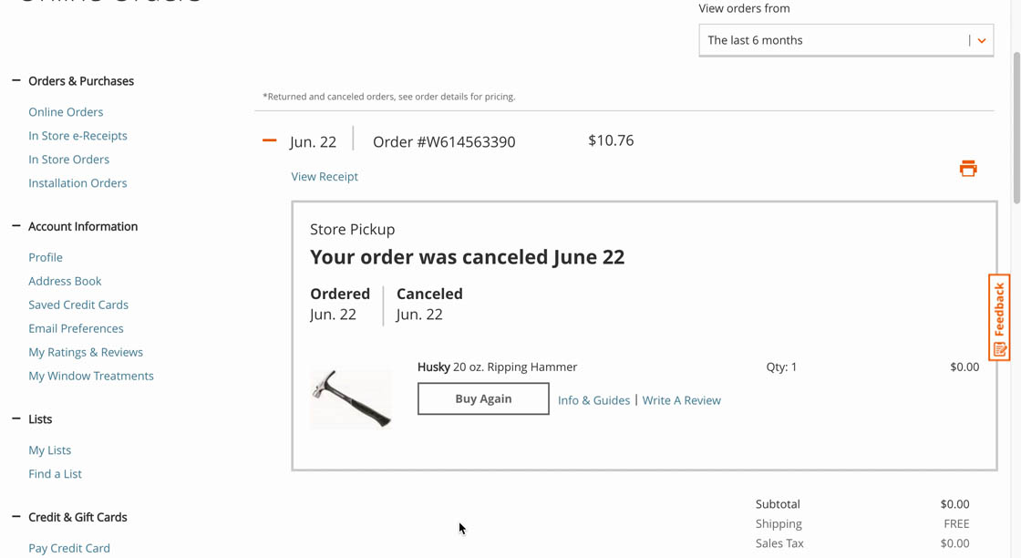 Canceled order for a hammer on Home Depot website