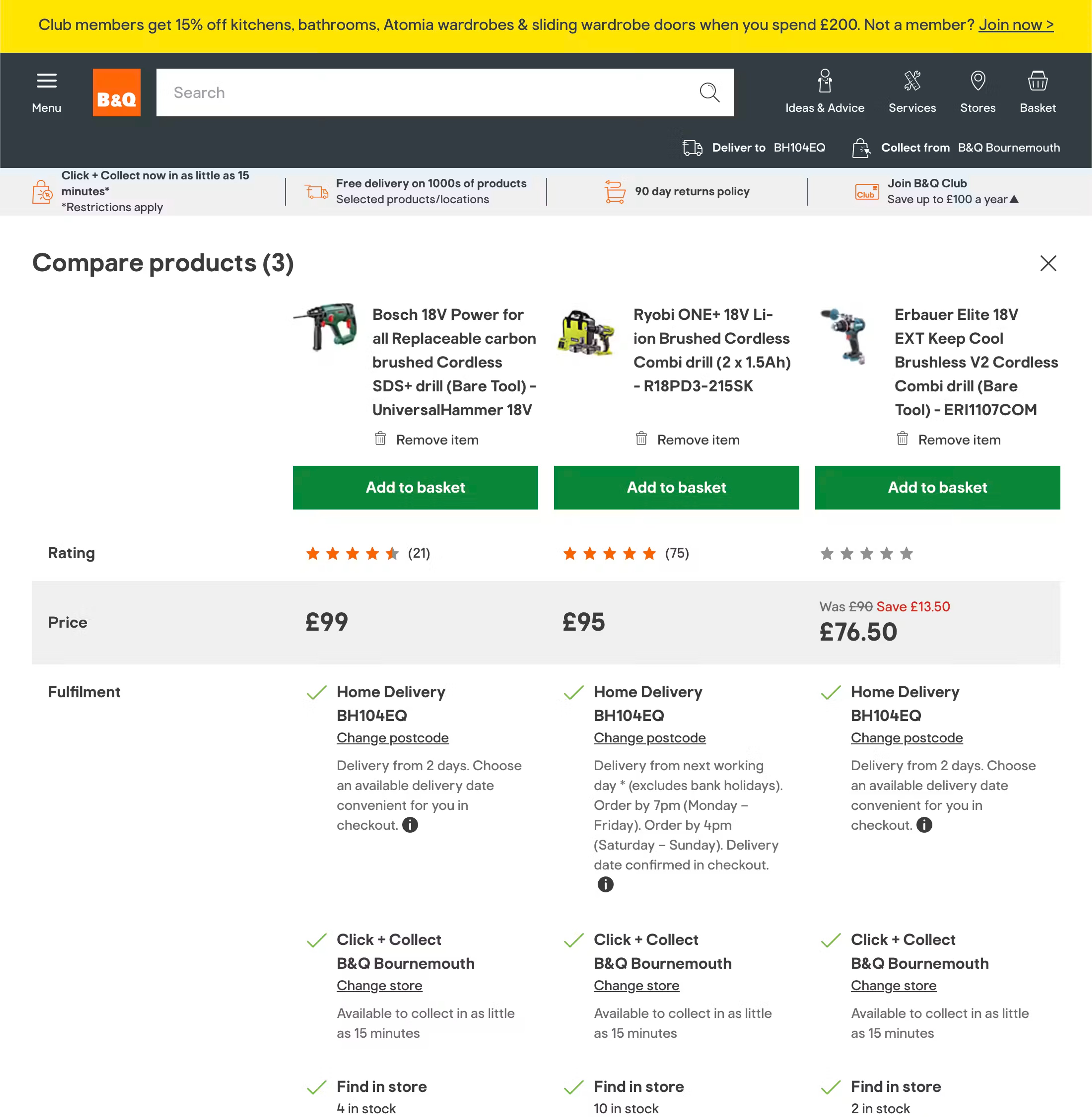 B&Q comparison page showing a user comparing three cordless drills