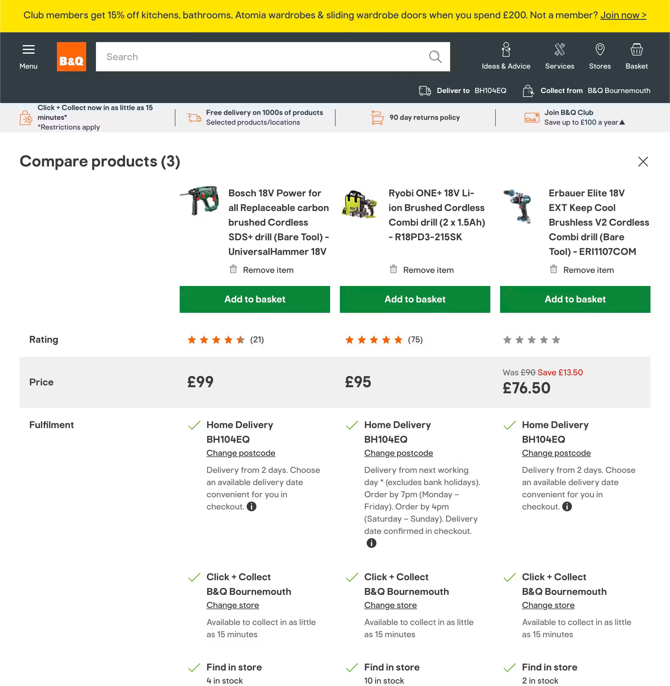 B&Q comparison page showing a user comparing three cordless drills