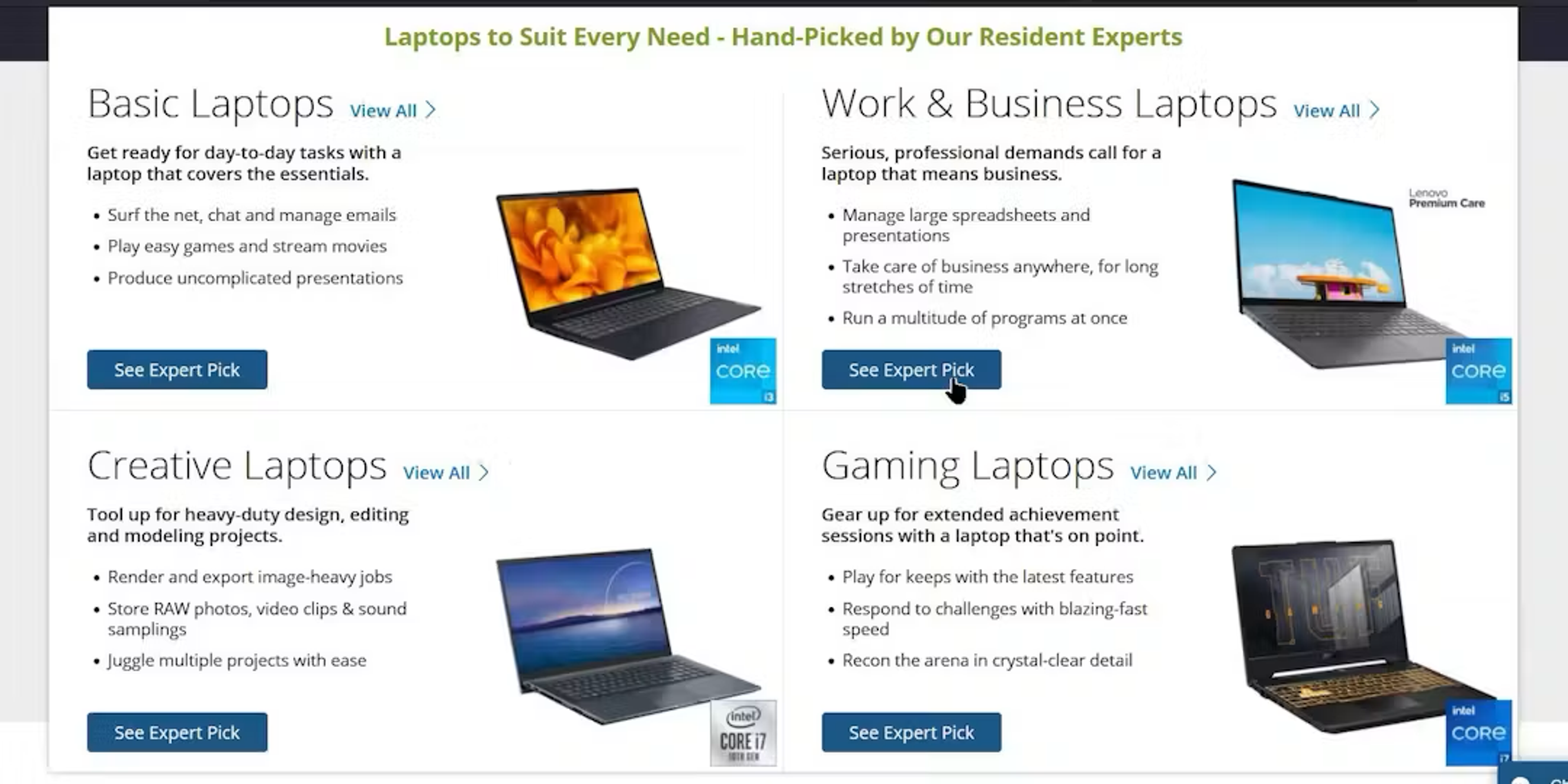 An electricals website page showing different categories of laptops