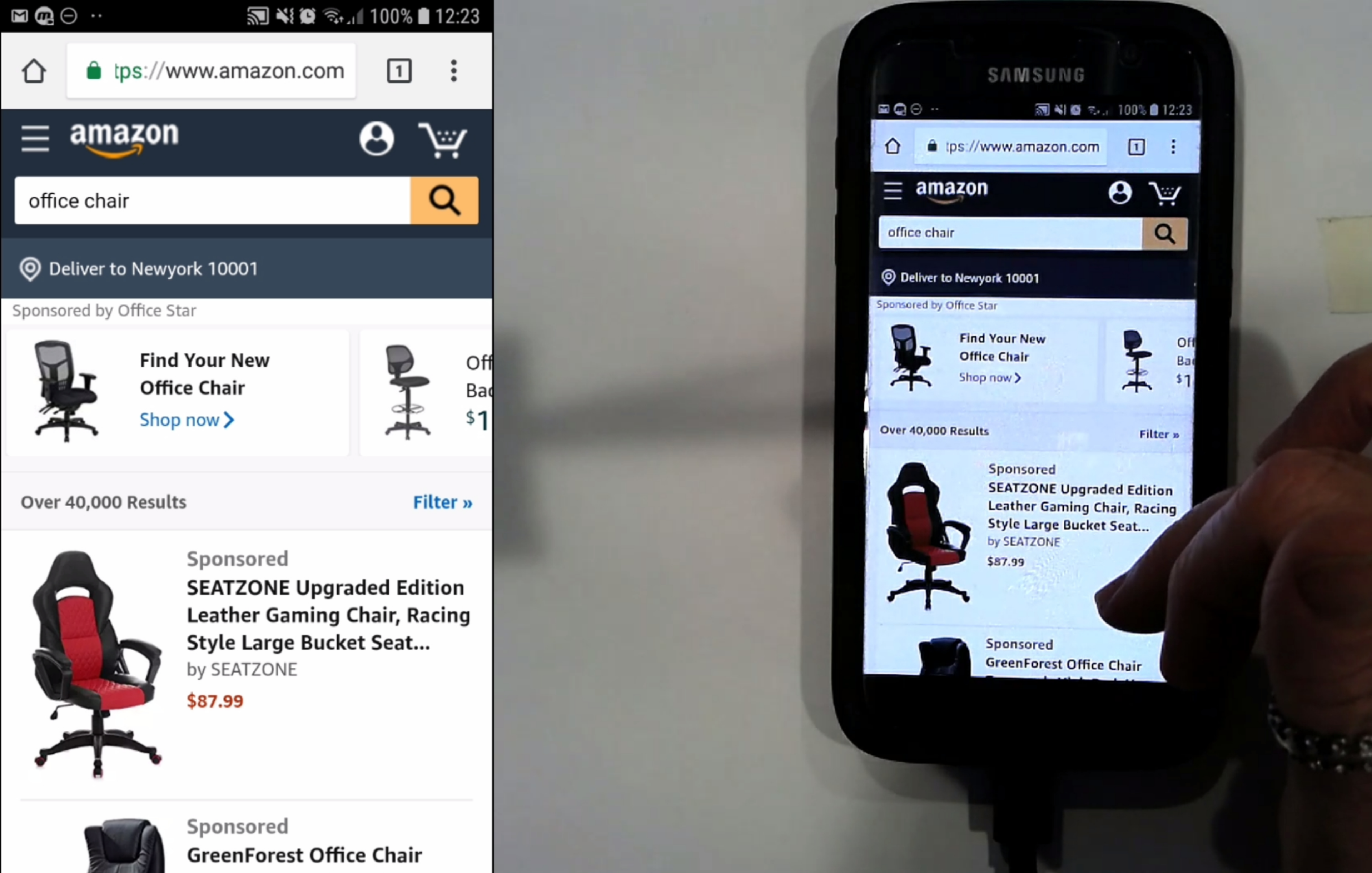 A user browsing office chairs on the Amazon mobile website using a Samsung smartphone