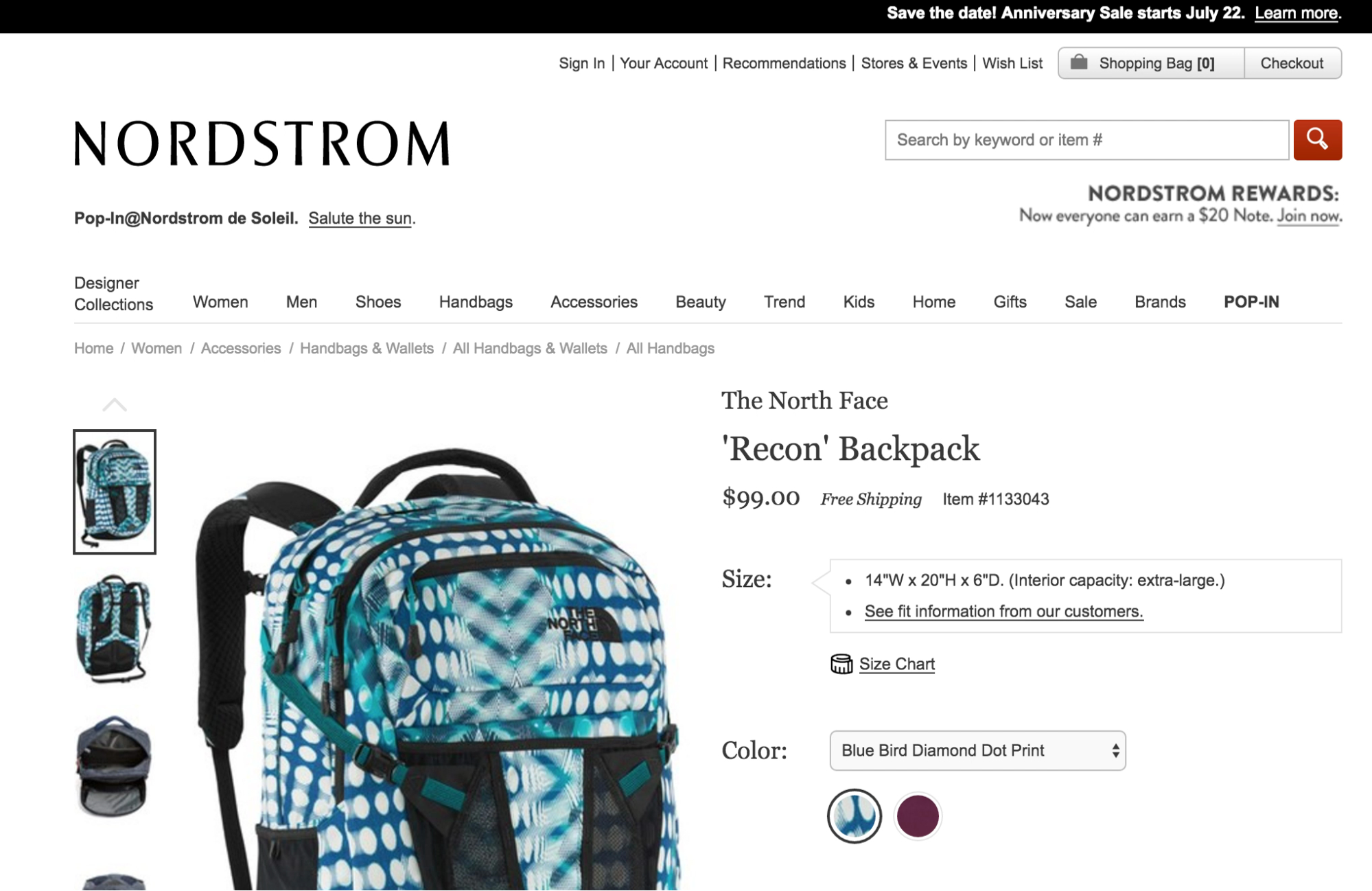 Nordstrom product page for a North Face Recon backpack