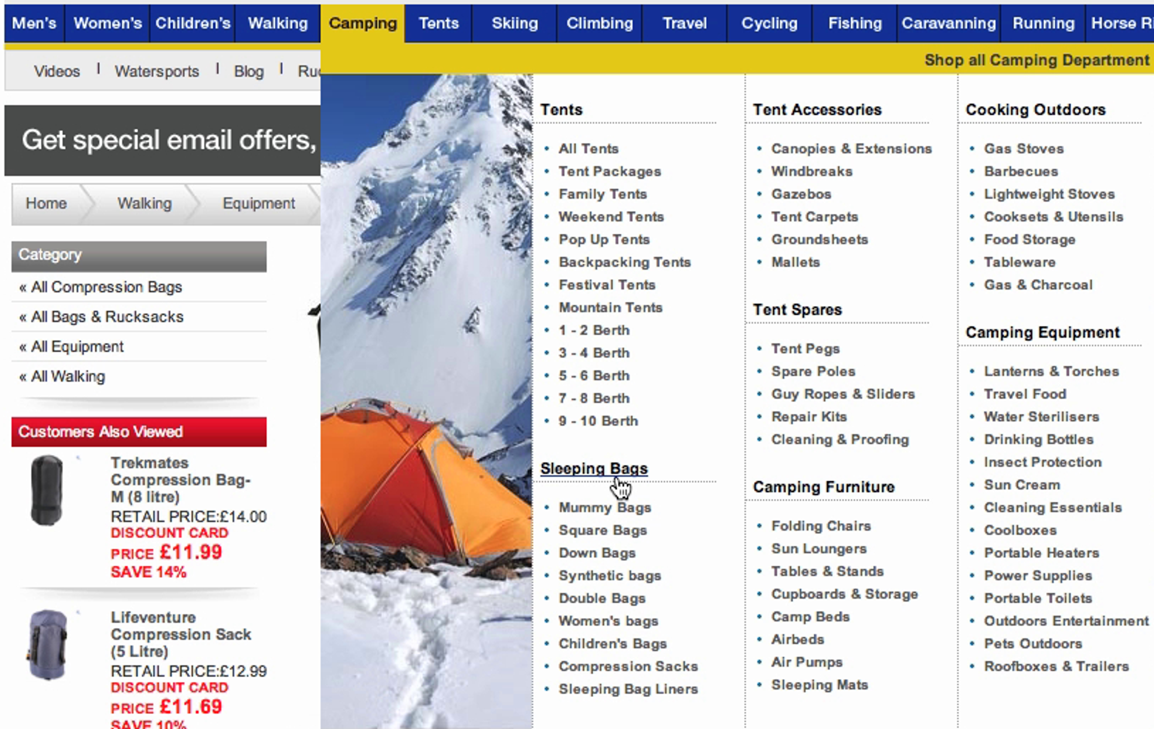 Ecommerce website navigation menu for camping equipment, showing a large range of available subcategories