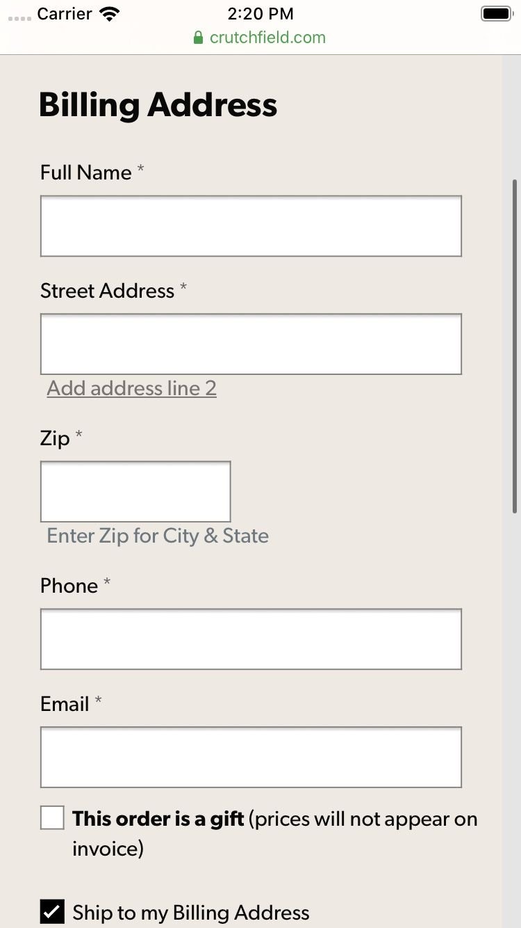 Crutchfield checkout form showing billing address input fields