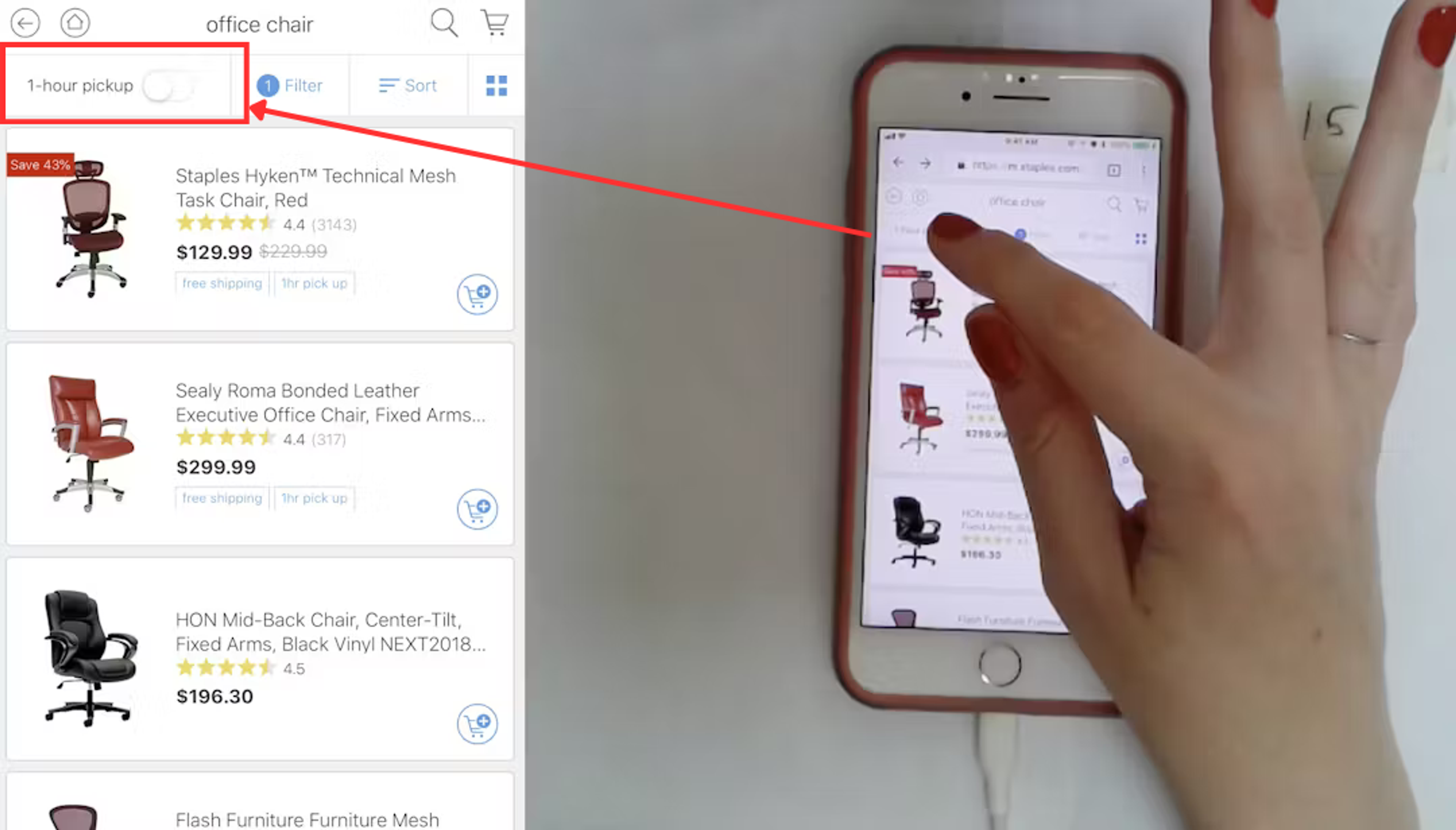 Shopper using a mobile device to select in-store collection filter on a mobile site selling office chairs