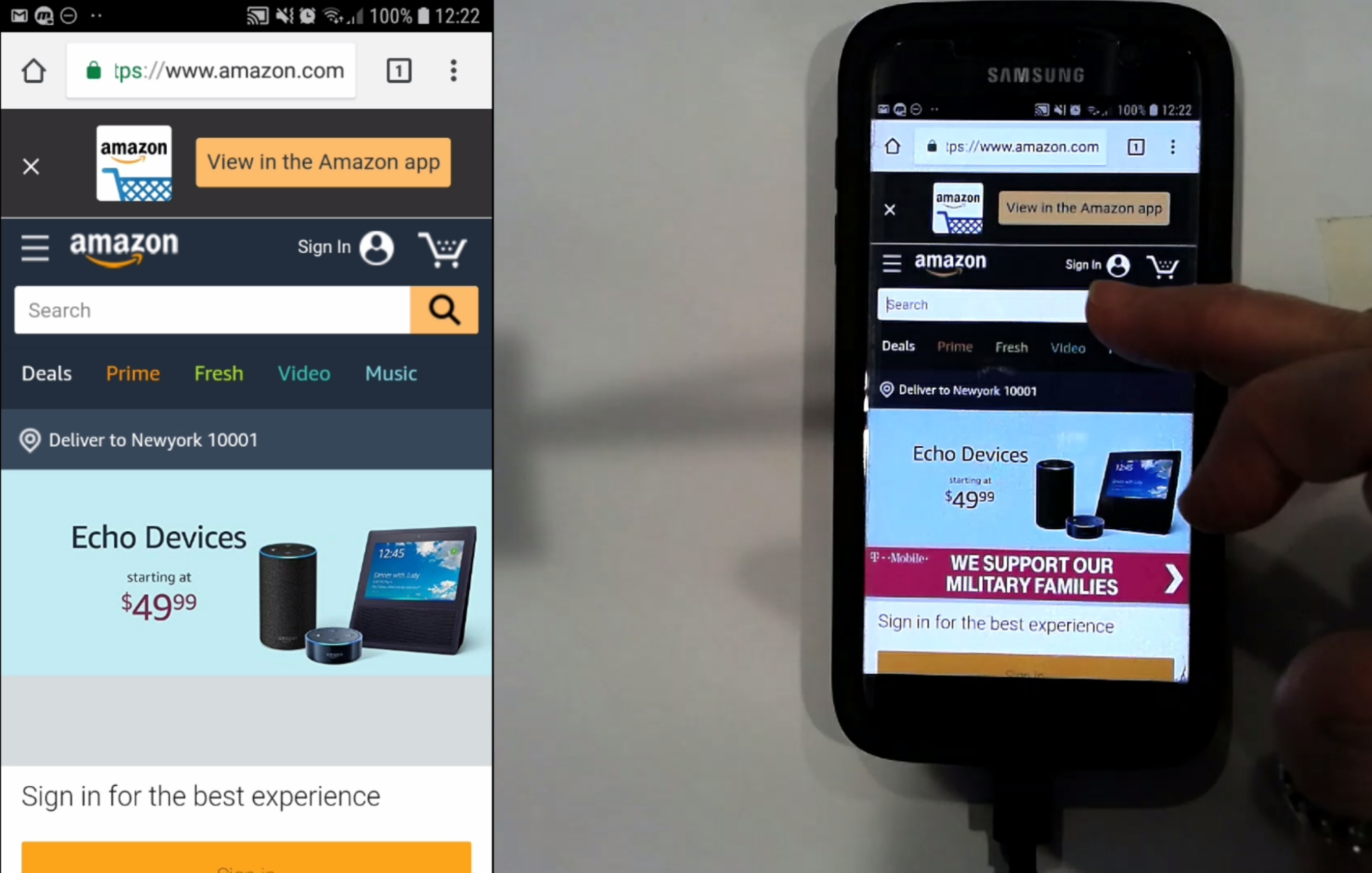 A user browsing the Amazon mobile website using a Samsung smartphone