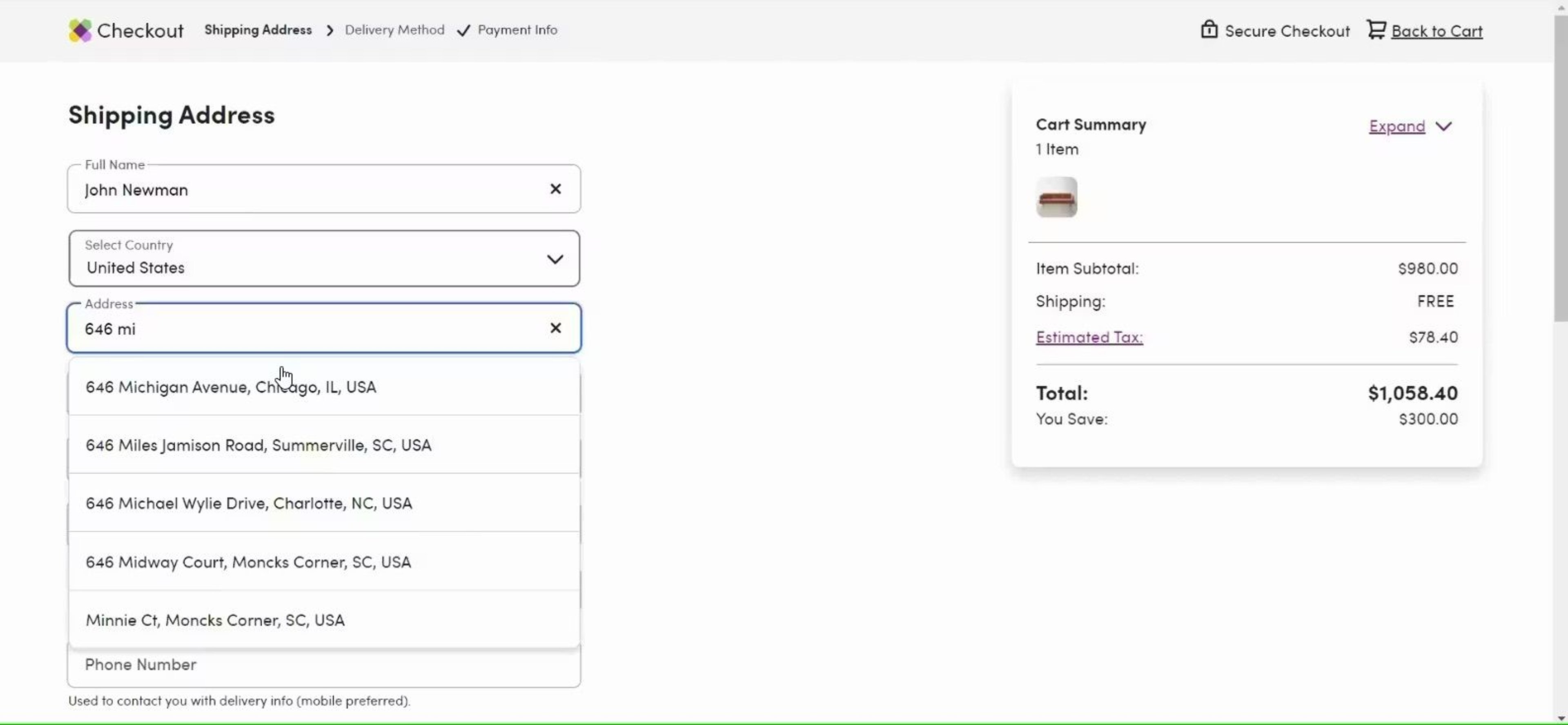 Shipping address input form on the Wayfair website checkout