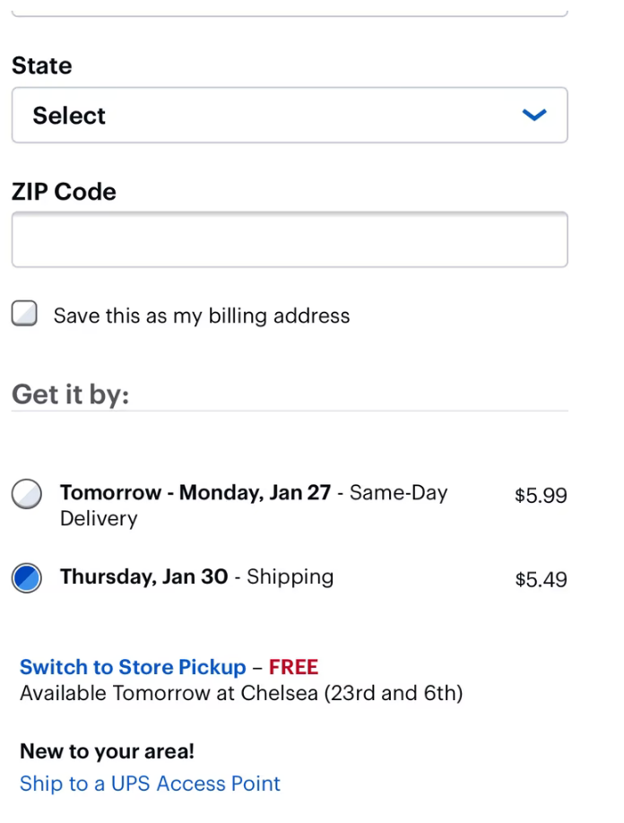 Best Buy’s checkout options including delivery date selection and store pickup