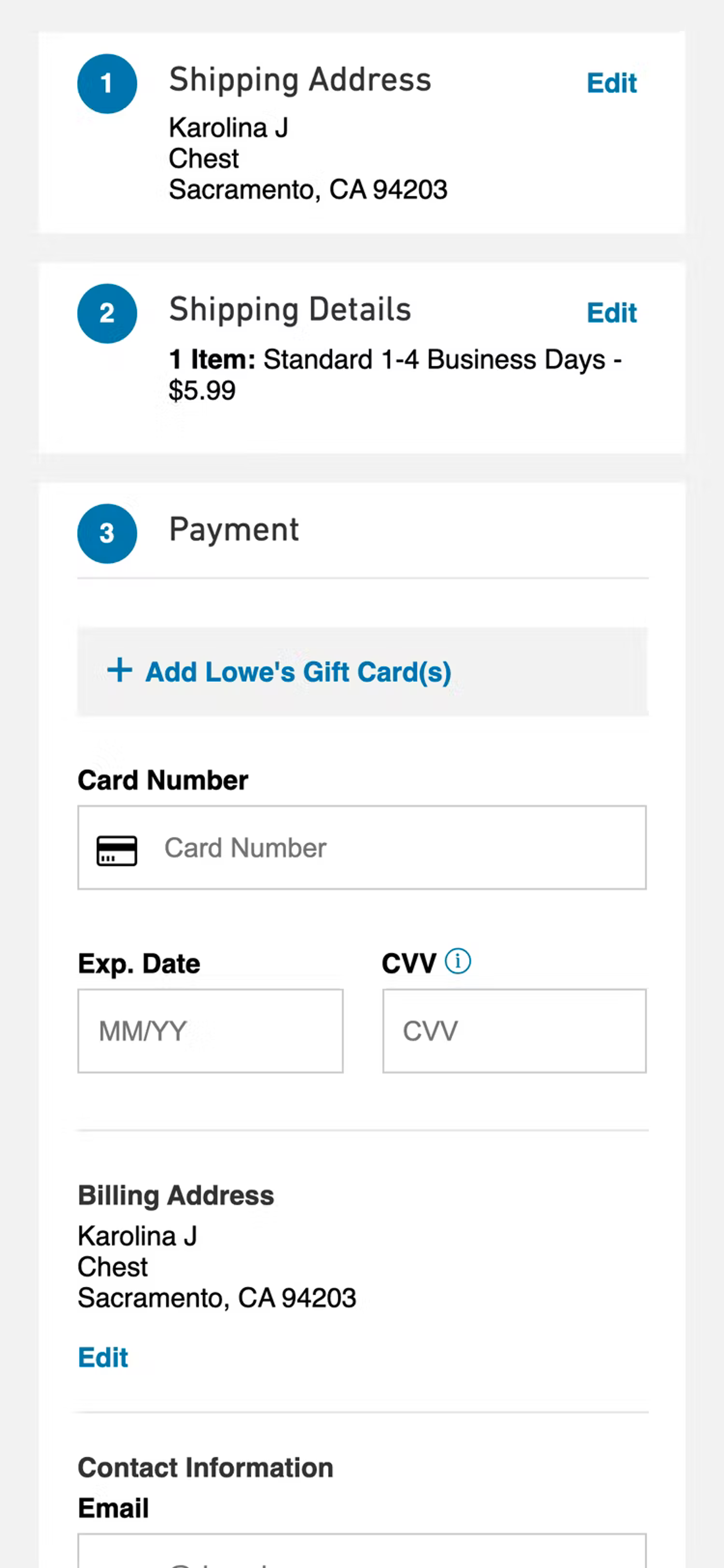 Lowe's checkout form