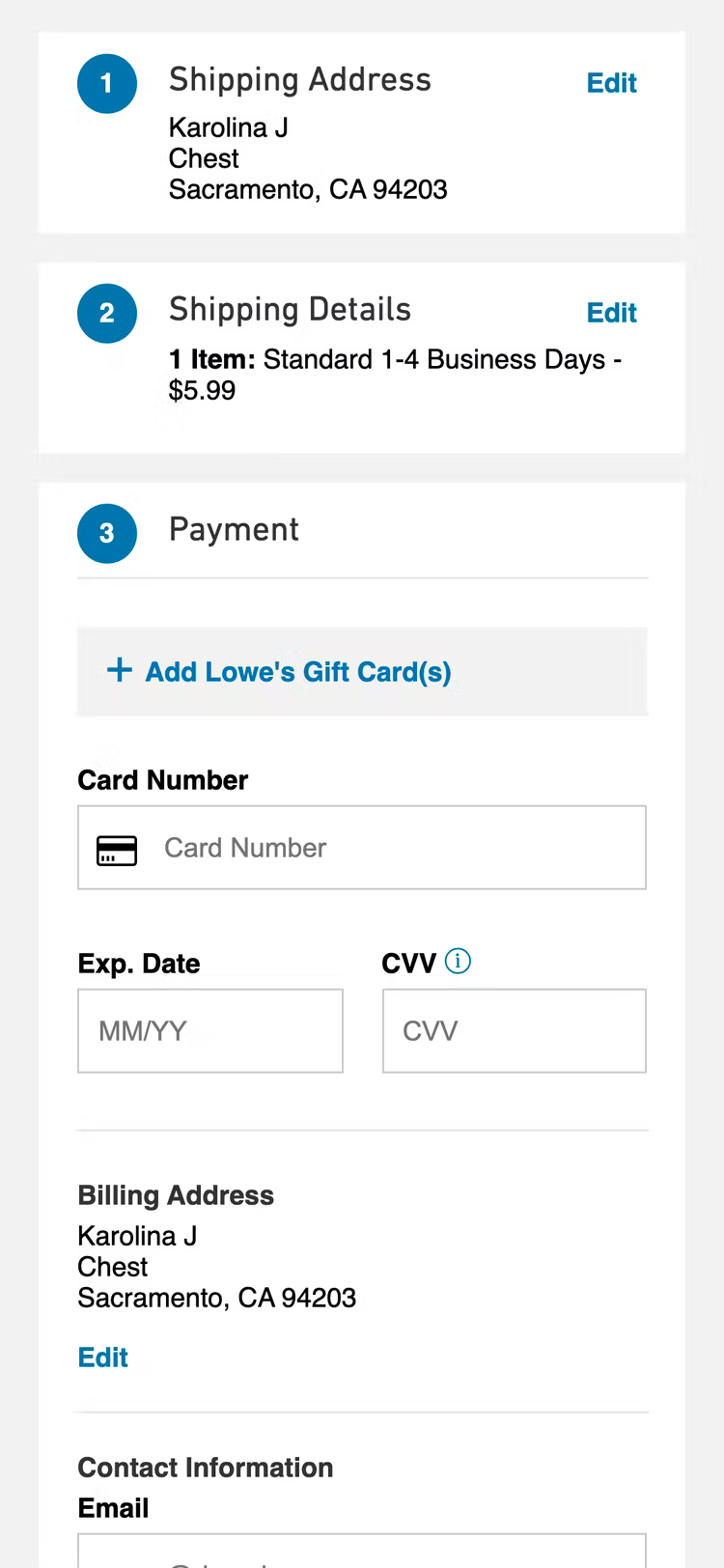 Lowe's checkout form
