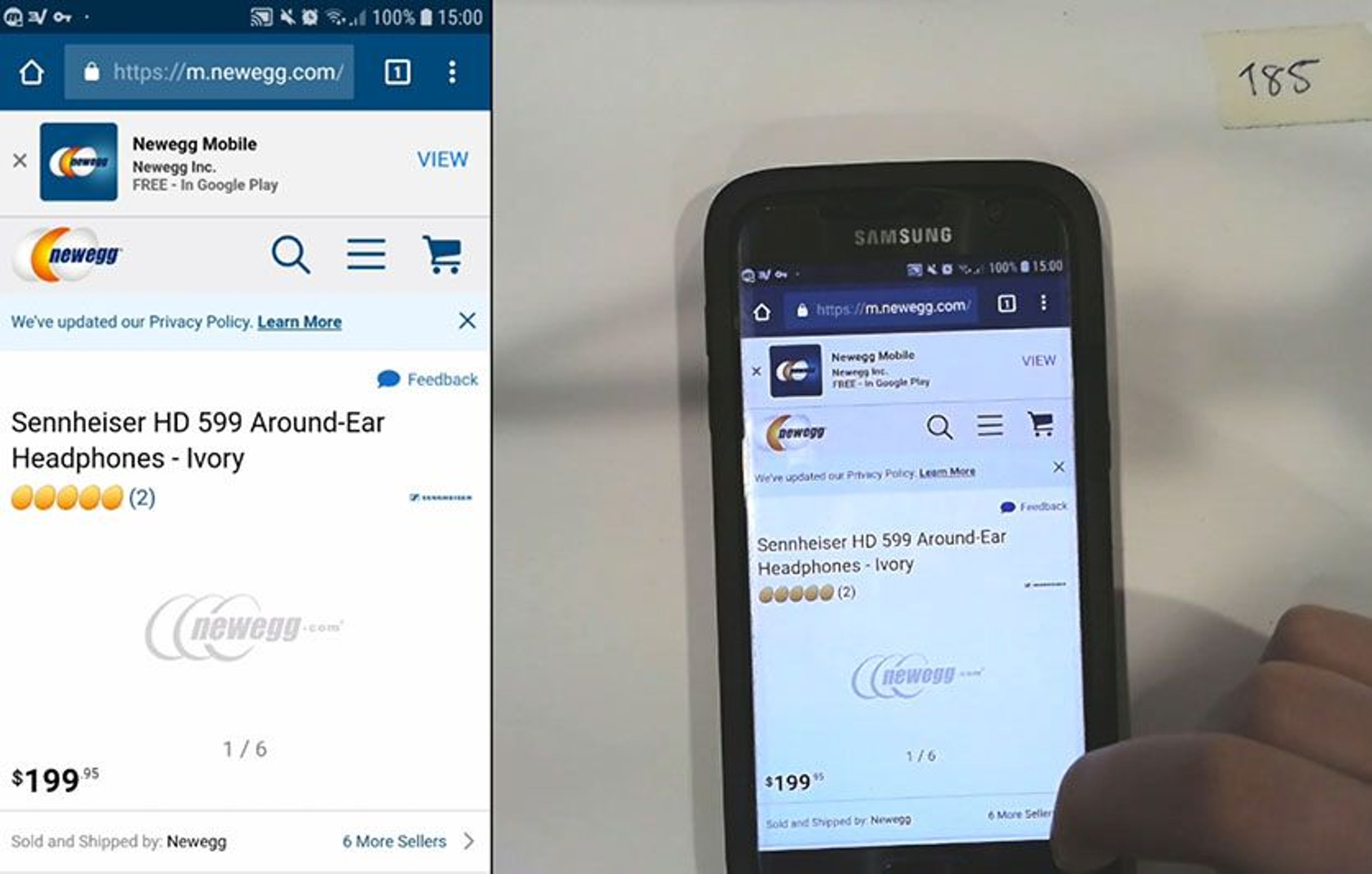 A test participant on Newegg viewing and interacting with a product page for Sennheiser around-ear headphones, using a Samsung smartphone