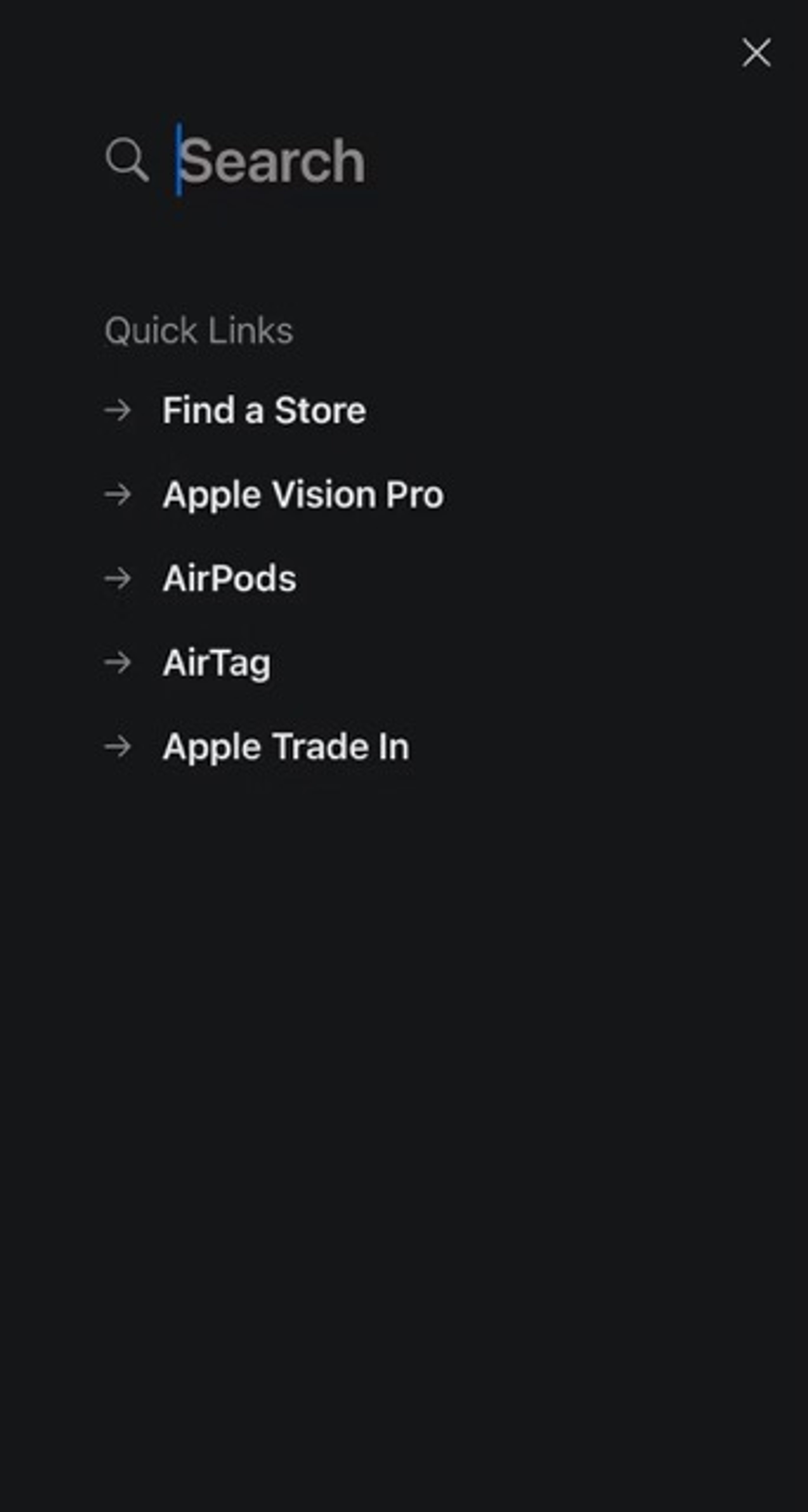 Apple mobile site search full-screen overlay with quick links to popular pages.
