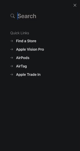 Apple mobile site search full-screen overlay with quick links to popular pages.