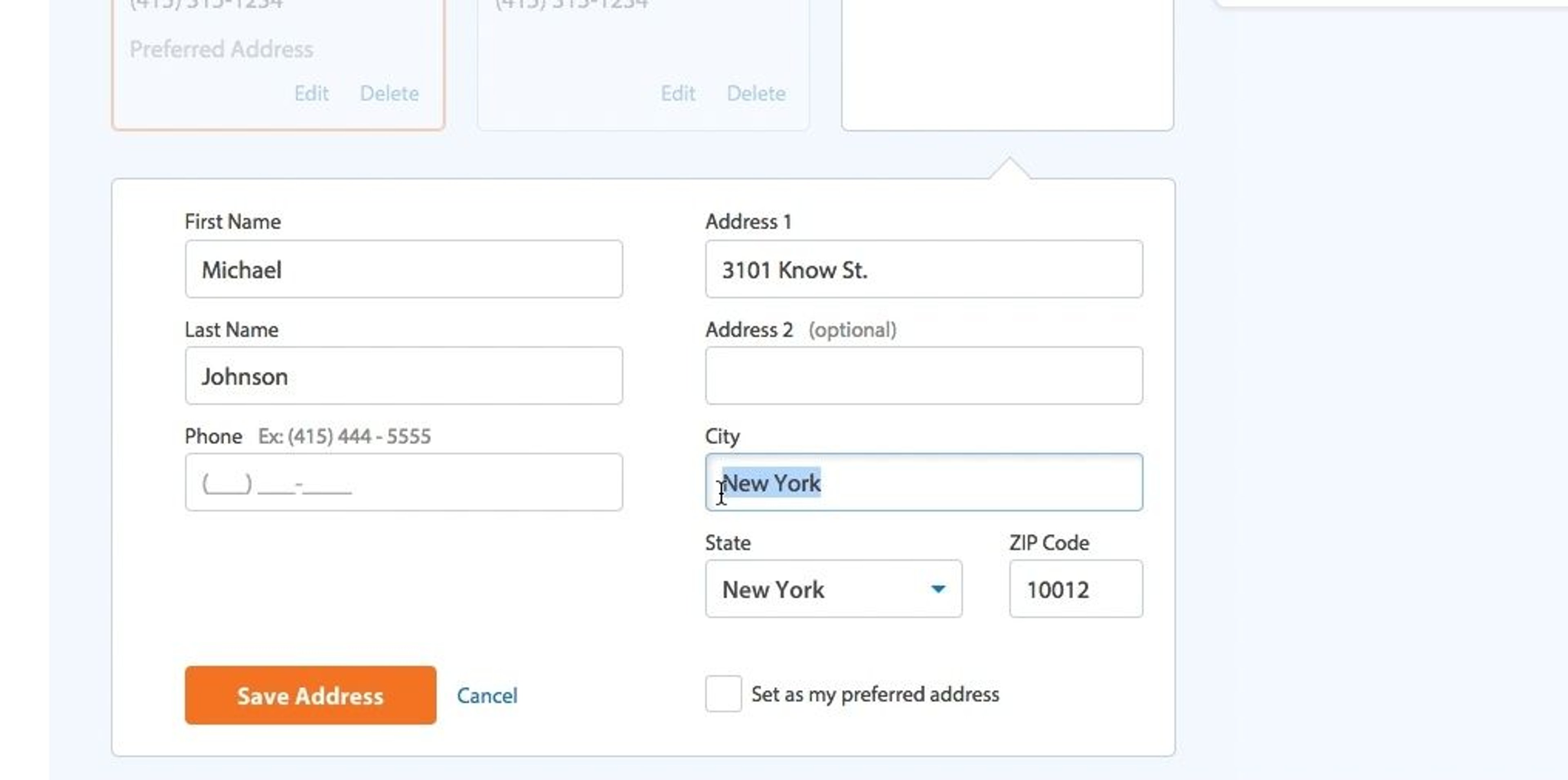 Walmart checkout form showing address input information for a user called Michael Johnson