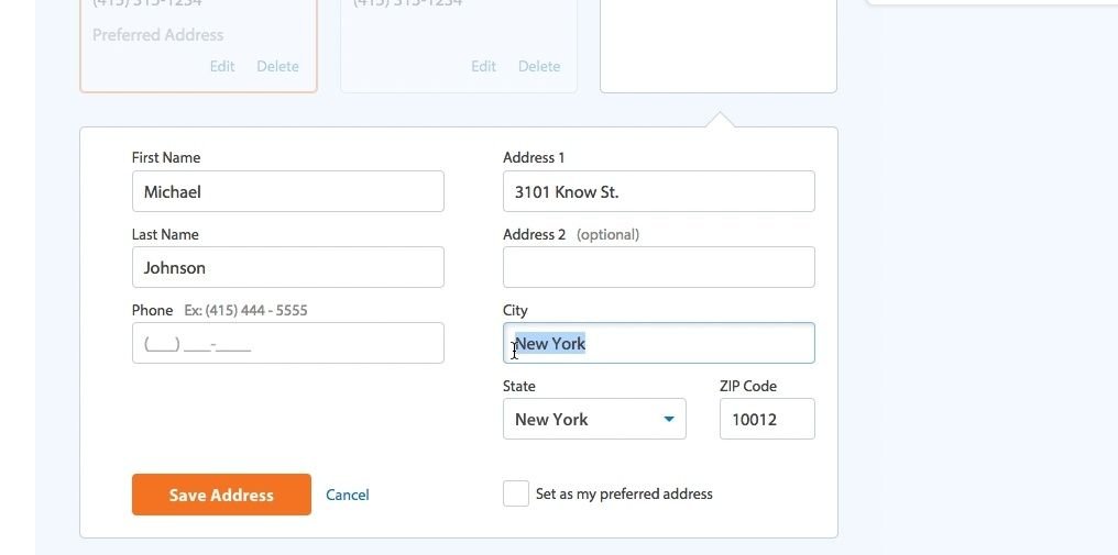 Walmart checkout form showing address input information for a user called Michael Johnson