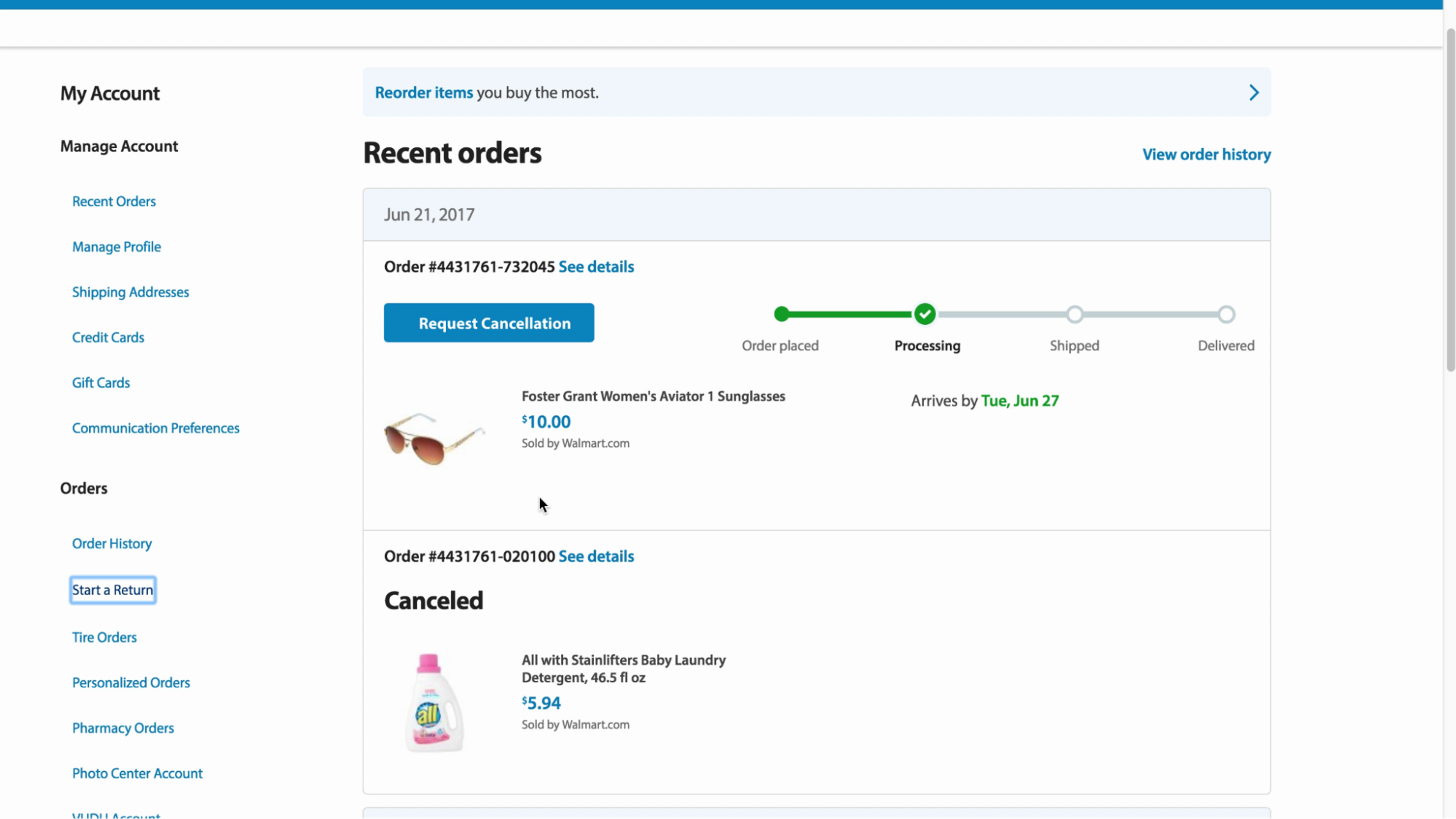 Walmart account dashboard, showing a user's recent orders including sunglasses and laundry detergent