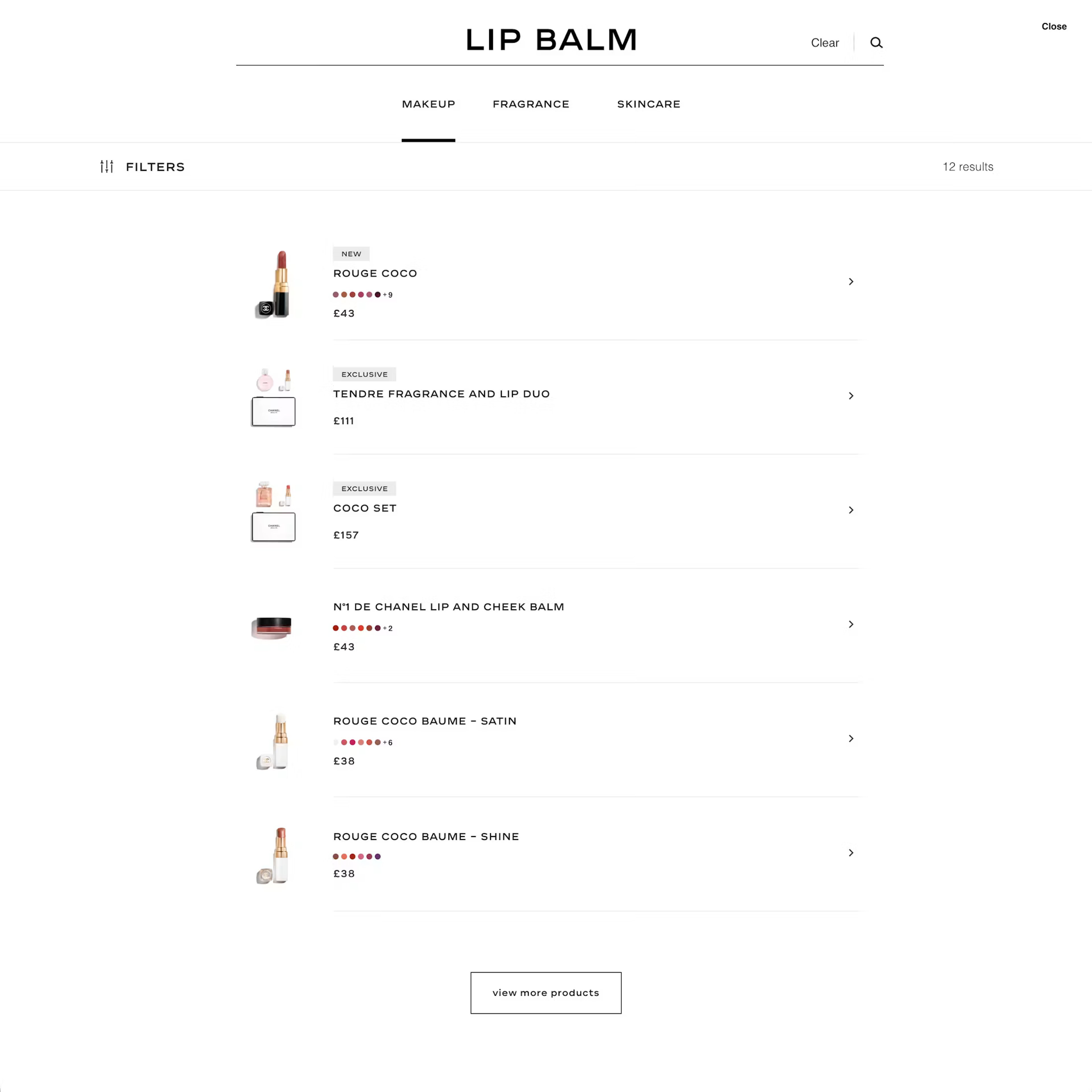 Chanel website search results for "lip balm" products.