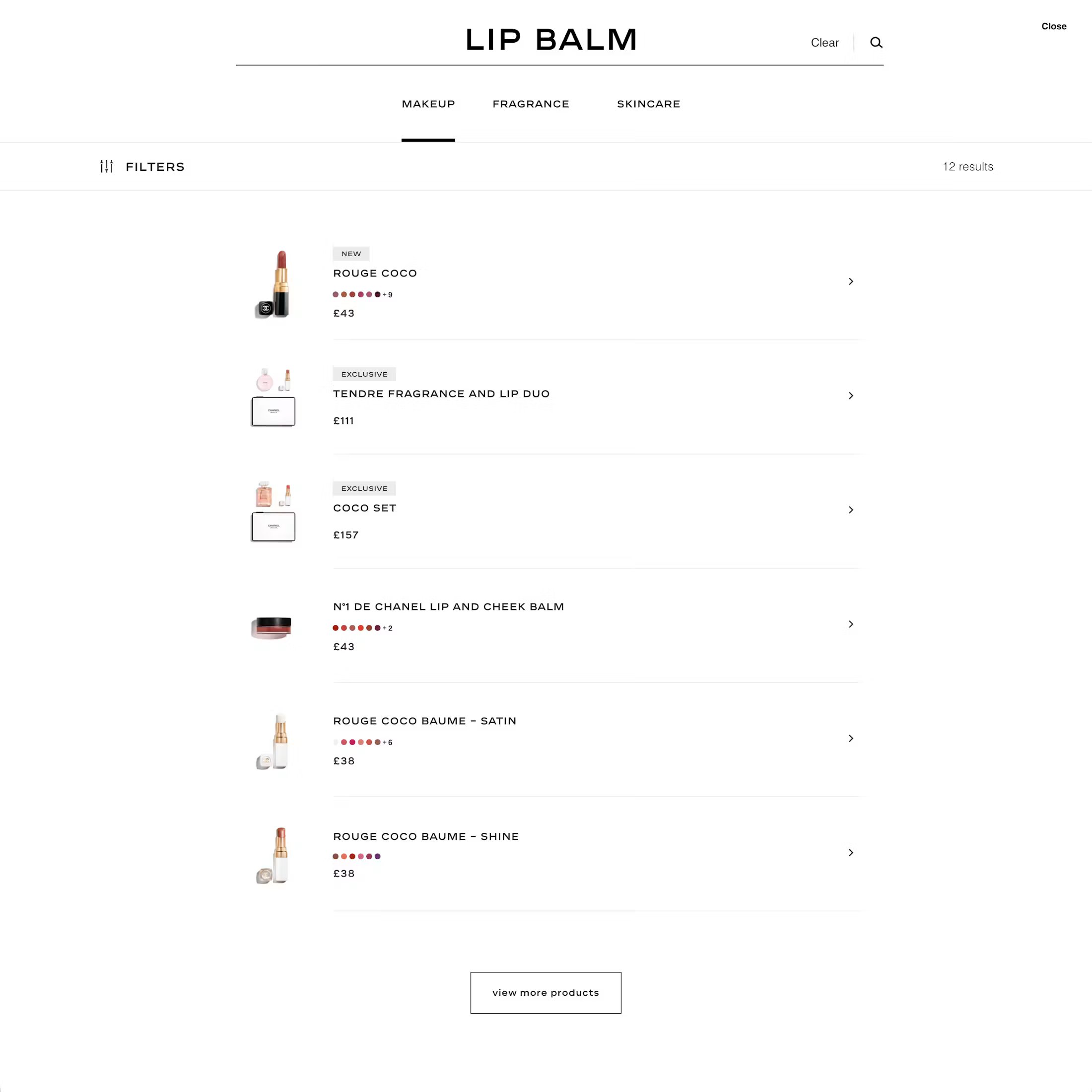 Chanel website search results for "lip balm" products.