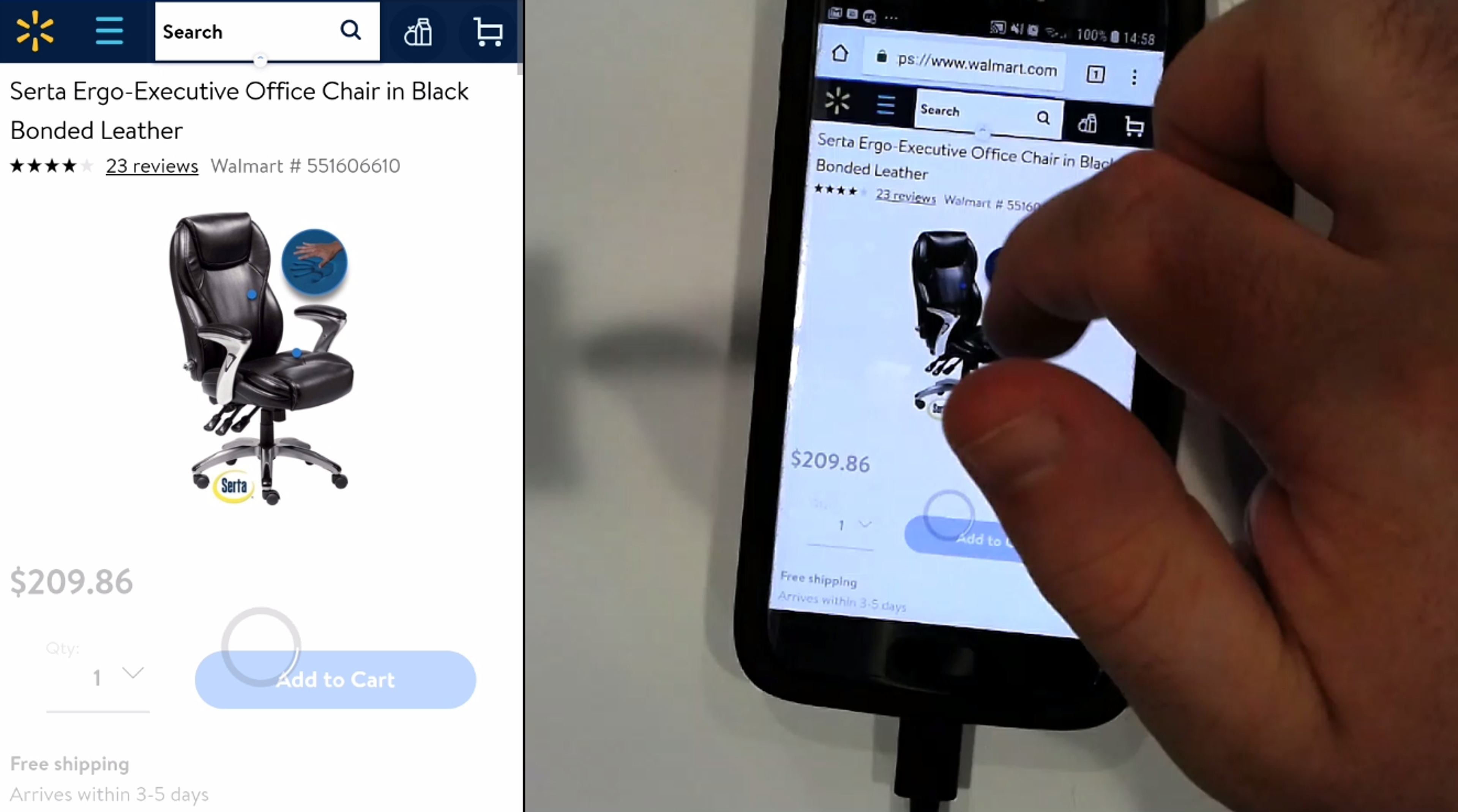 A user browsing an office chair product page at Walmart on a Samsung smartphone
