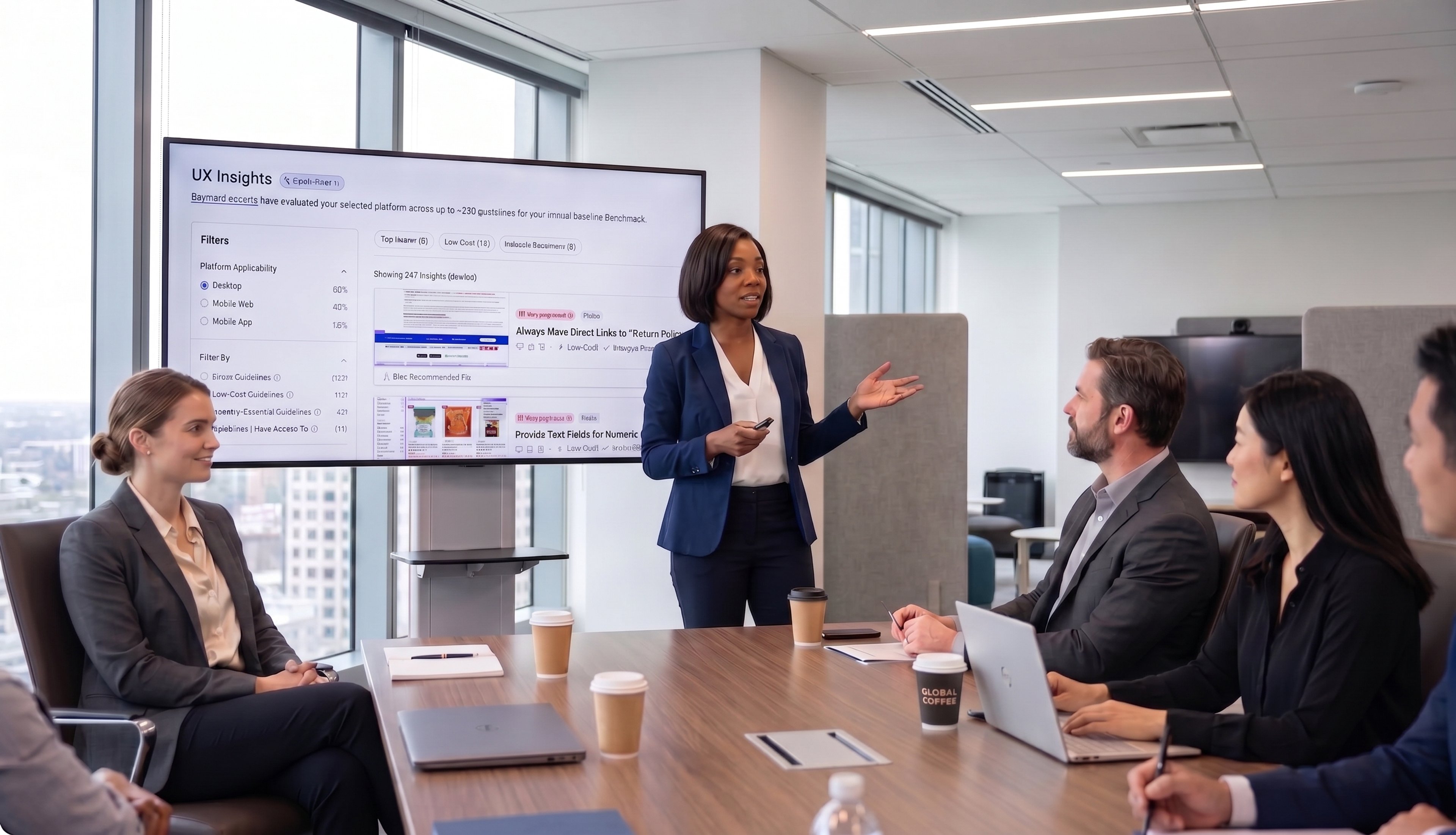 Female UX expert presenting UX findings to colleagues and stakeholders in a boardroom