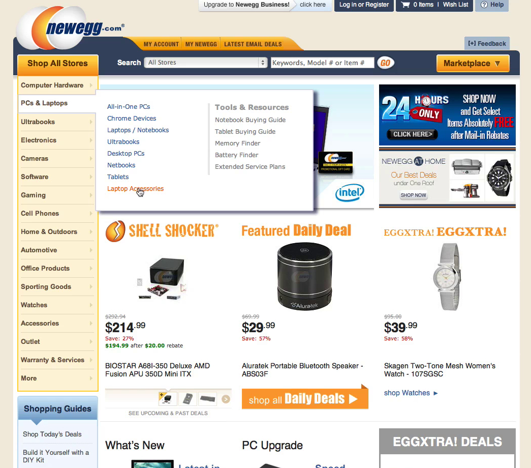 Newegg homepage showing a range of products, categories, and menu options