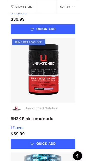 Bodybuilding mobile site PLP showing a pre-workout product with "buy 1 get 1 50% off" promo badge