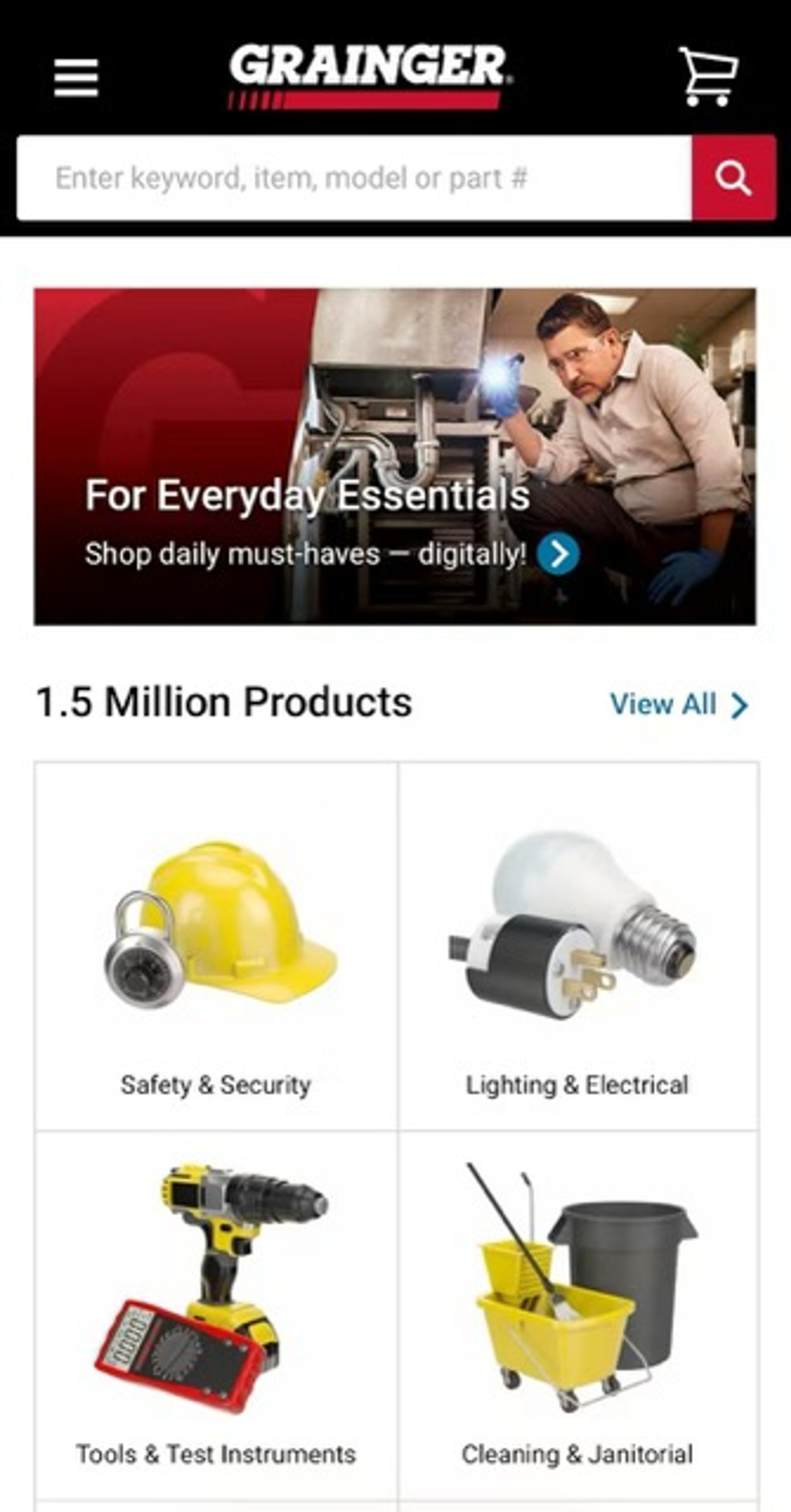 Grainger mobile website page with a clear search field at the top.