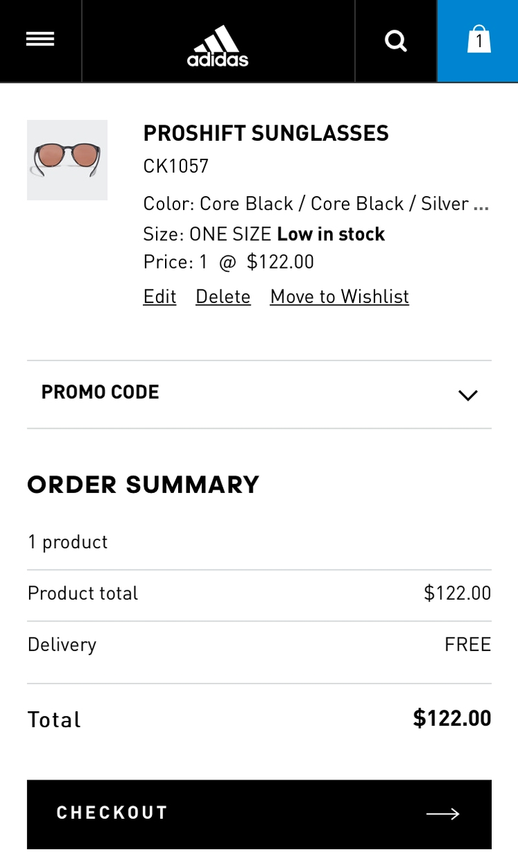 Adidas cart page showing Proshift sunglasses in the cart with a clear option to add a promo code