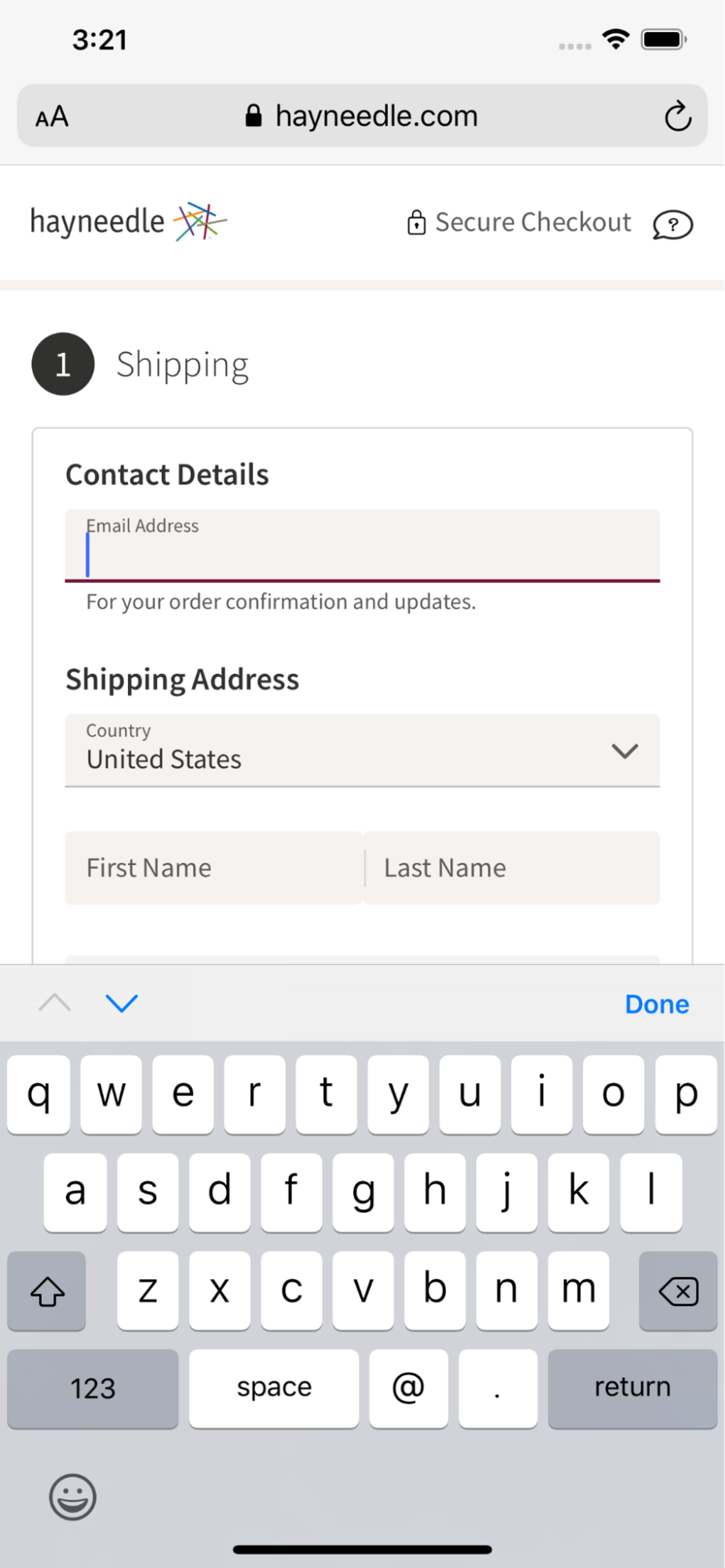 Shipping information form on the Hayneedle checkout